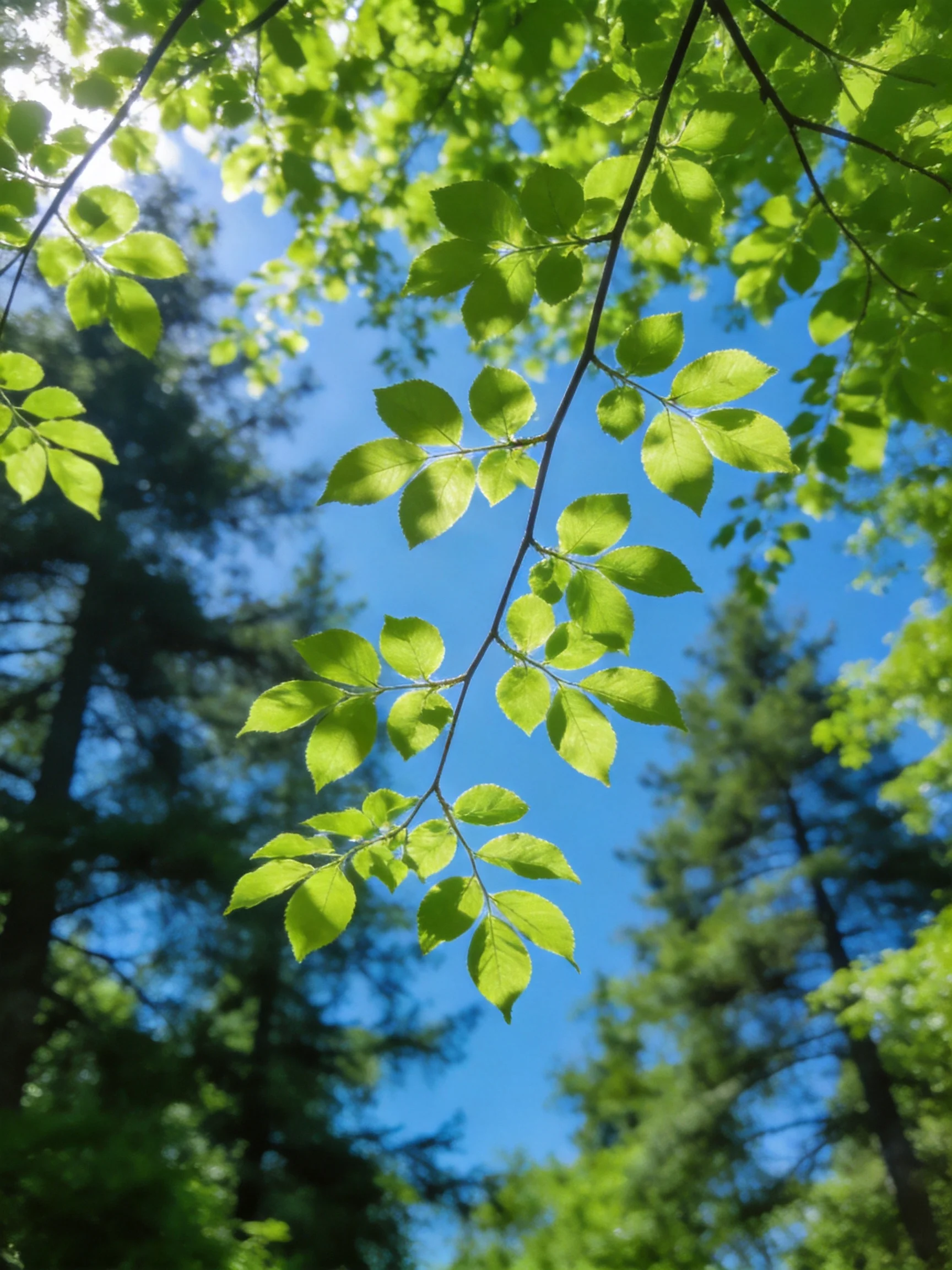 Vibrant green leaves illuminated by sunlight against clear blue sky