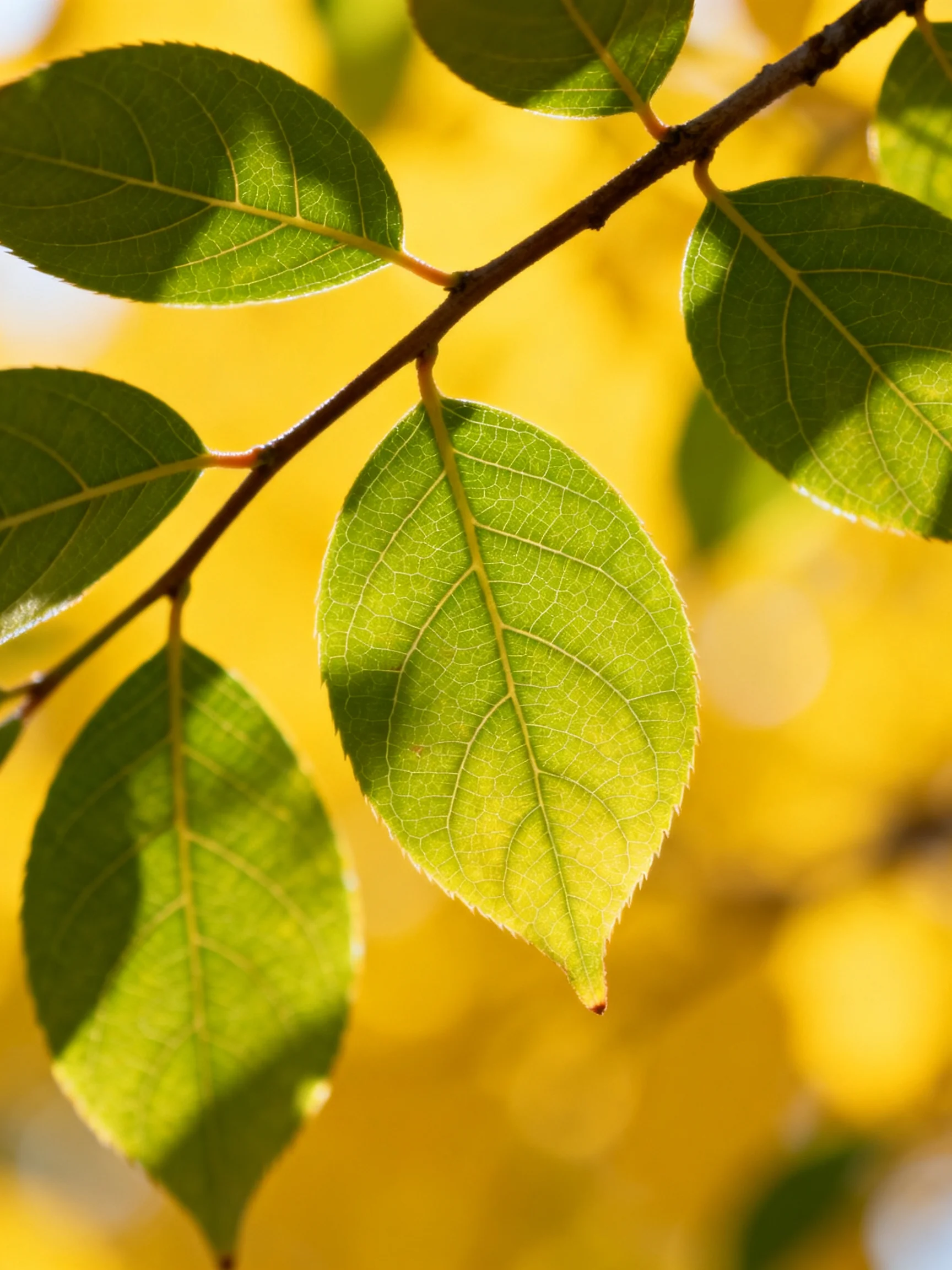 Vibrant green leaves on a brown branch with golden bokeh