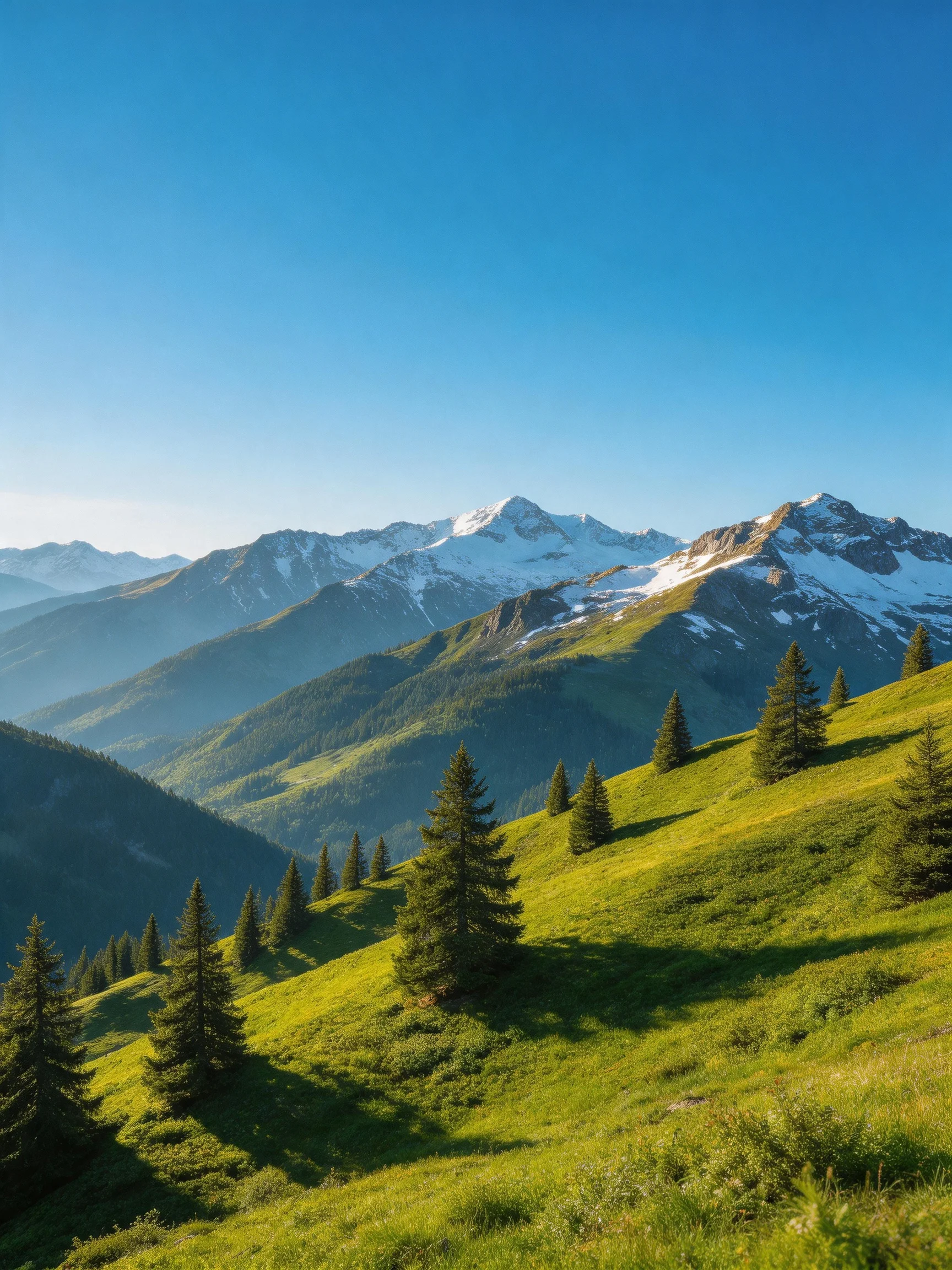 Vibrant green meadows with scattered pine trees beside snow - capped mountain ranges