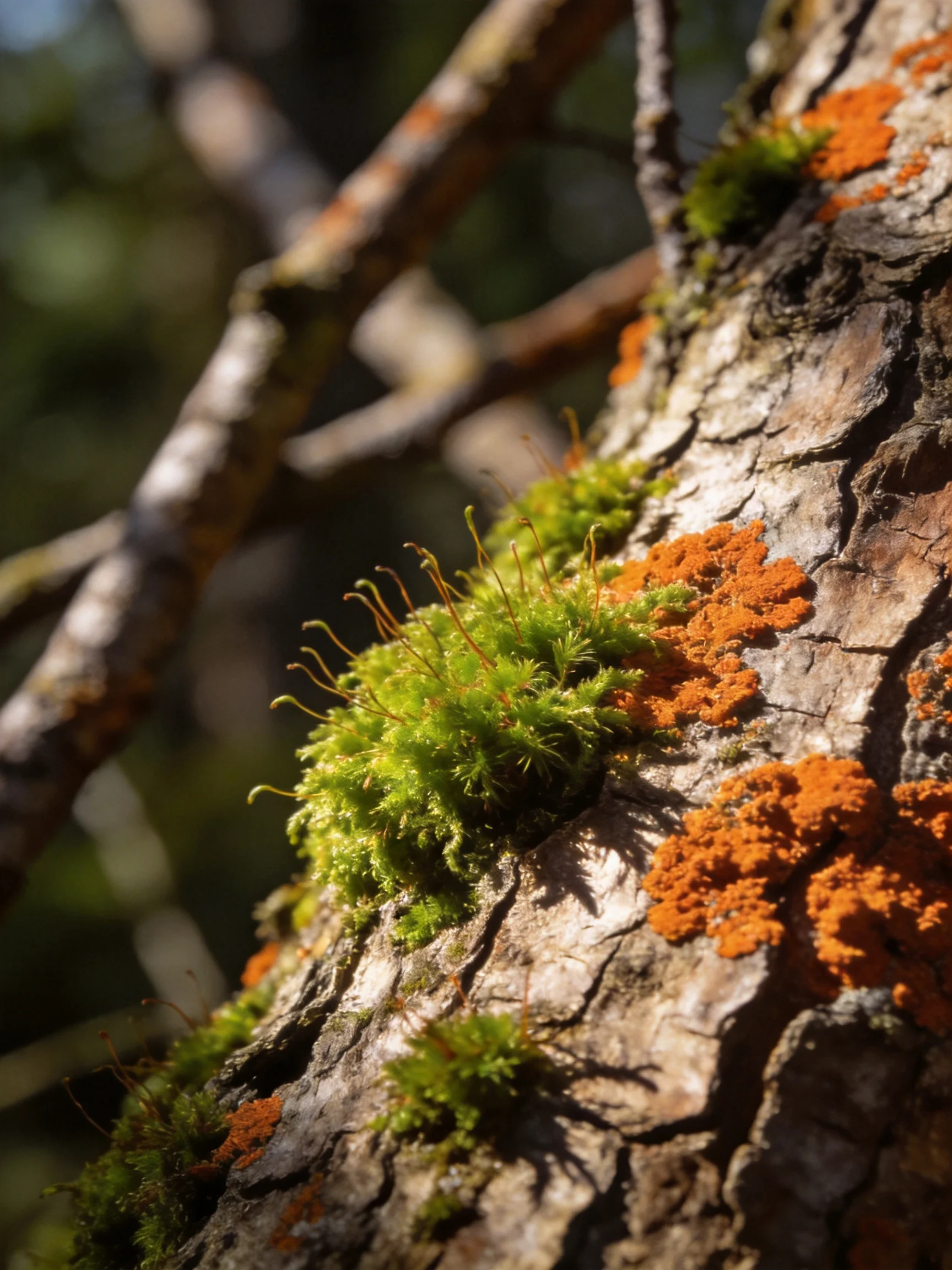 Vibrant green moss and orange lichen adorn a textured tree trunk
