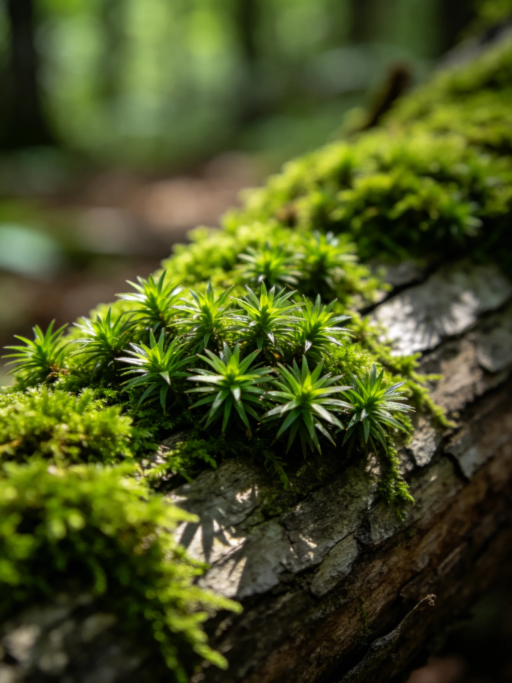 Vibrant green moss blankets a weathered tree trunk