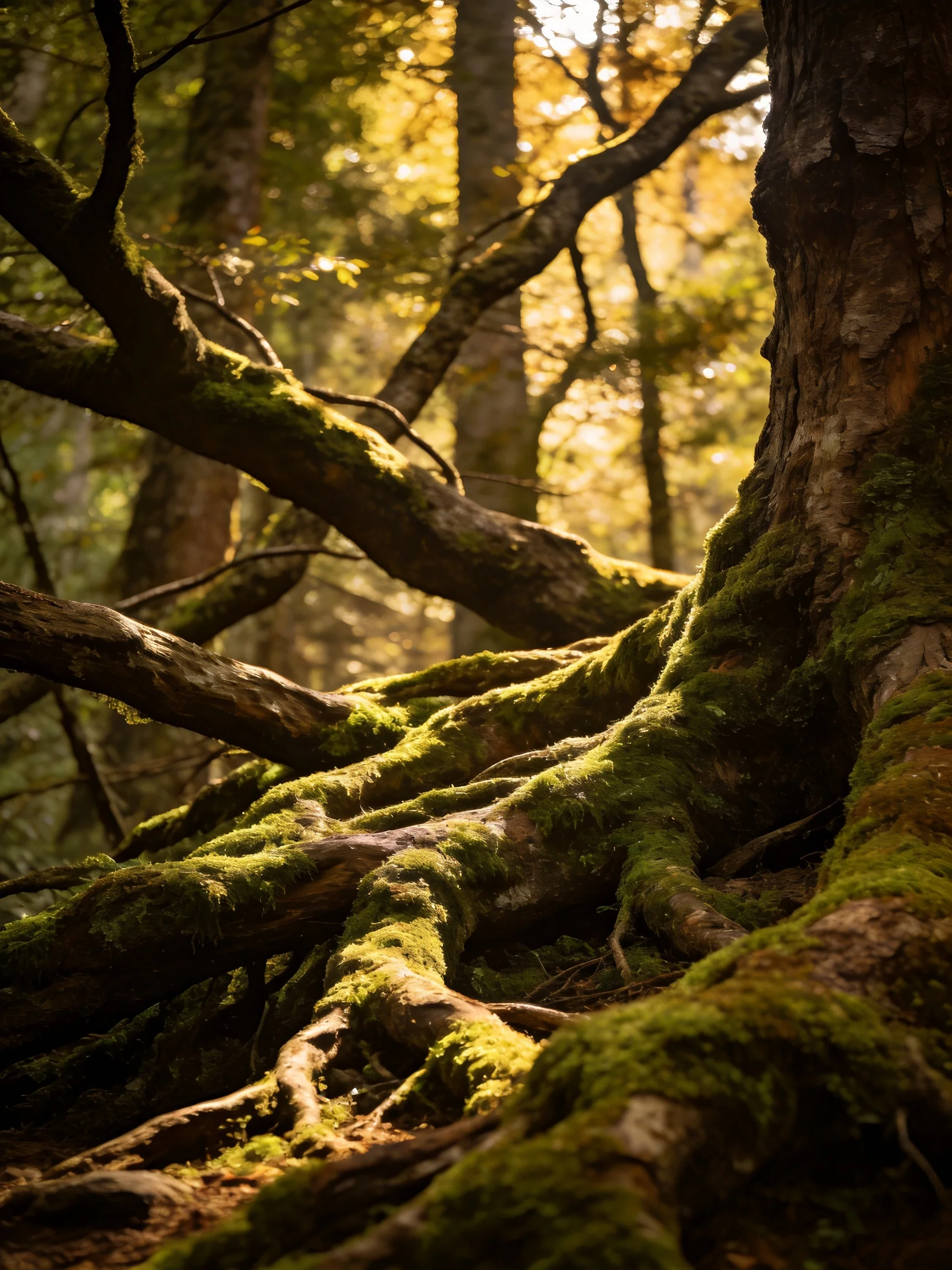 Vibrant green moss covers ancient tree roots in golden forest light