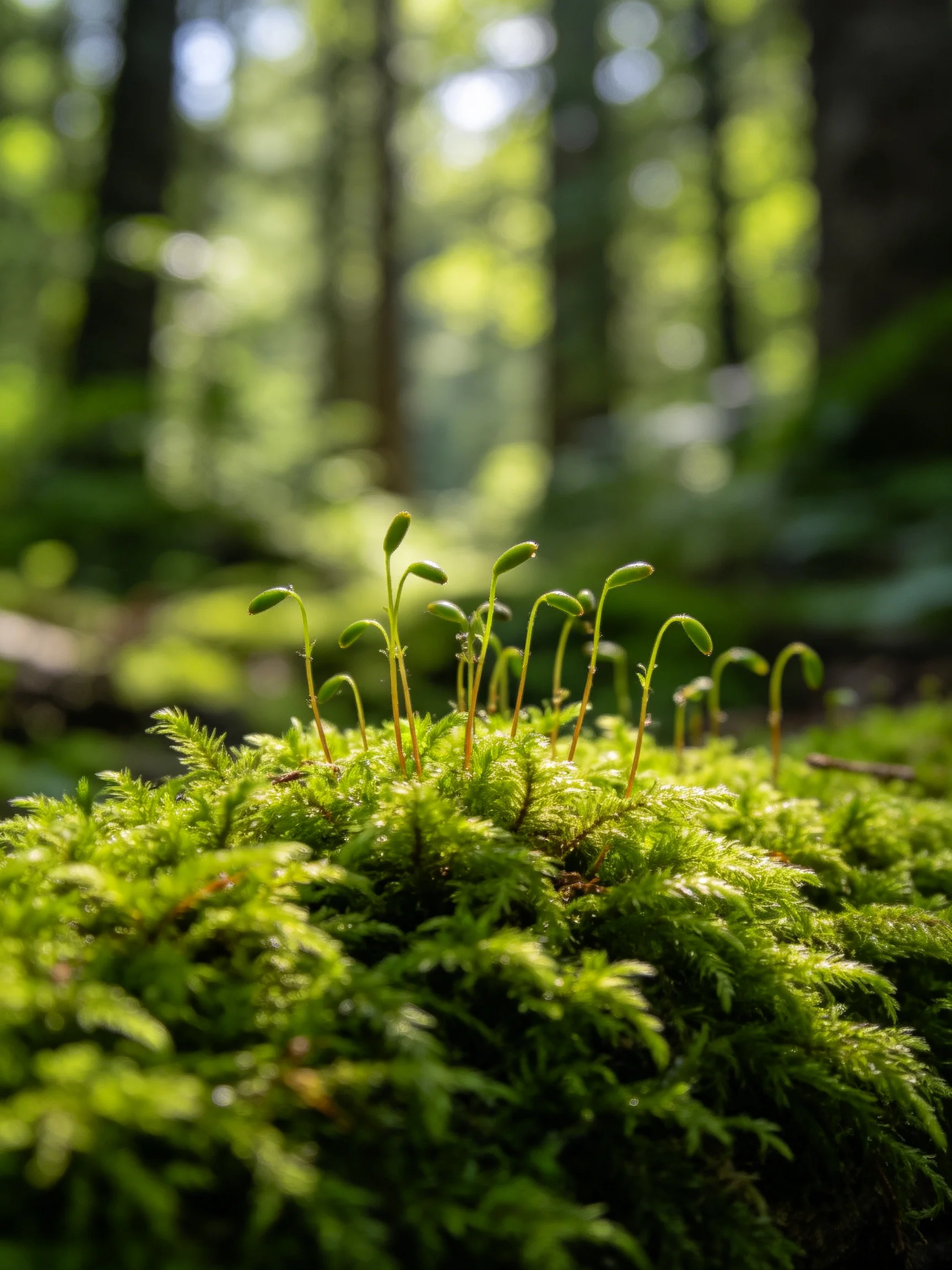 Vibrant green moss with delicate sprouts in sunlit forest