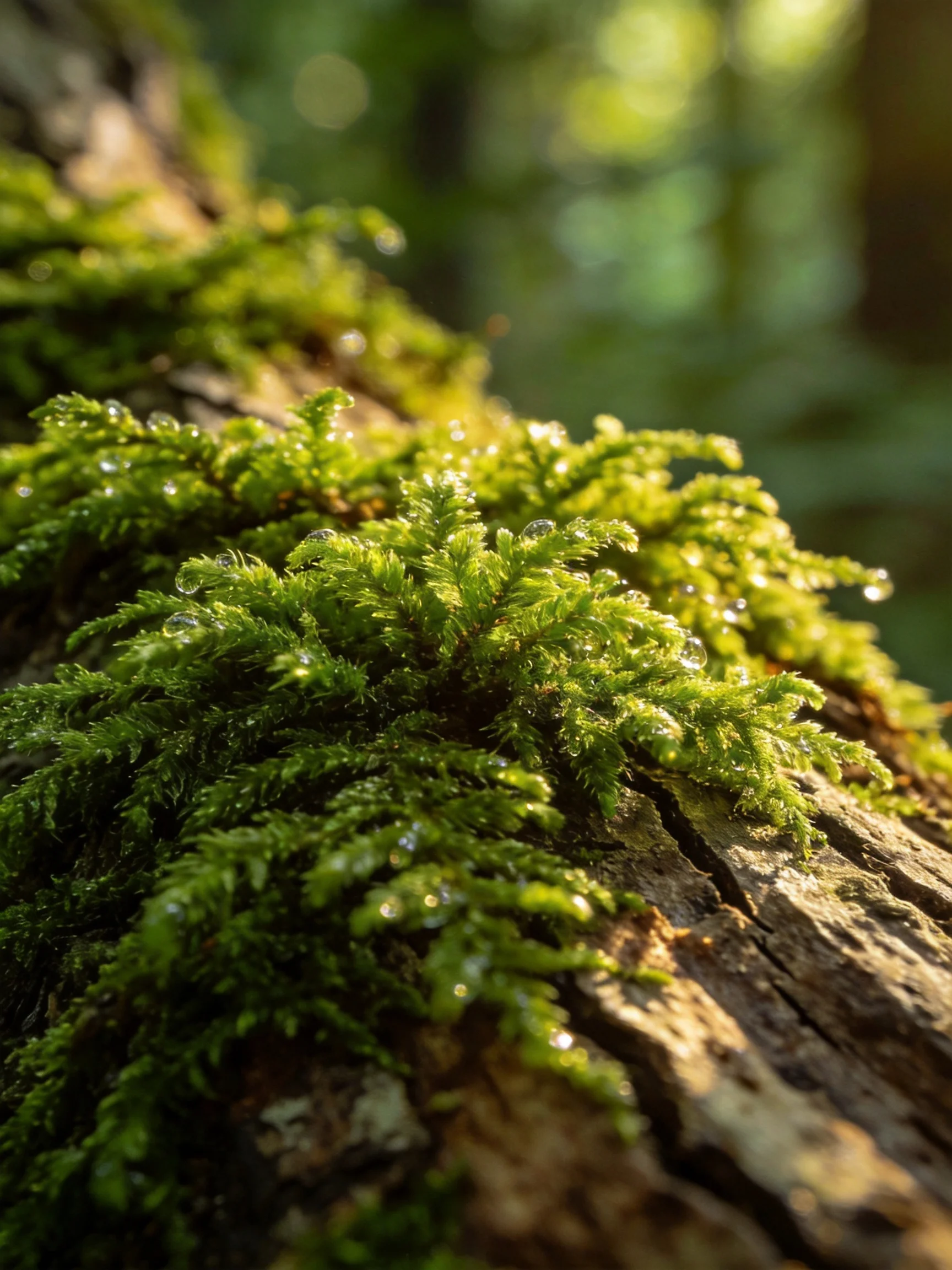 Vibrant green moss with dew droplets covers an aged tree trunk.