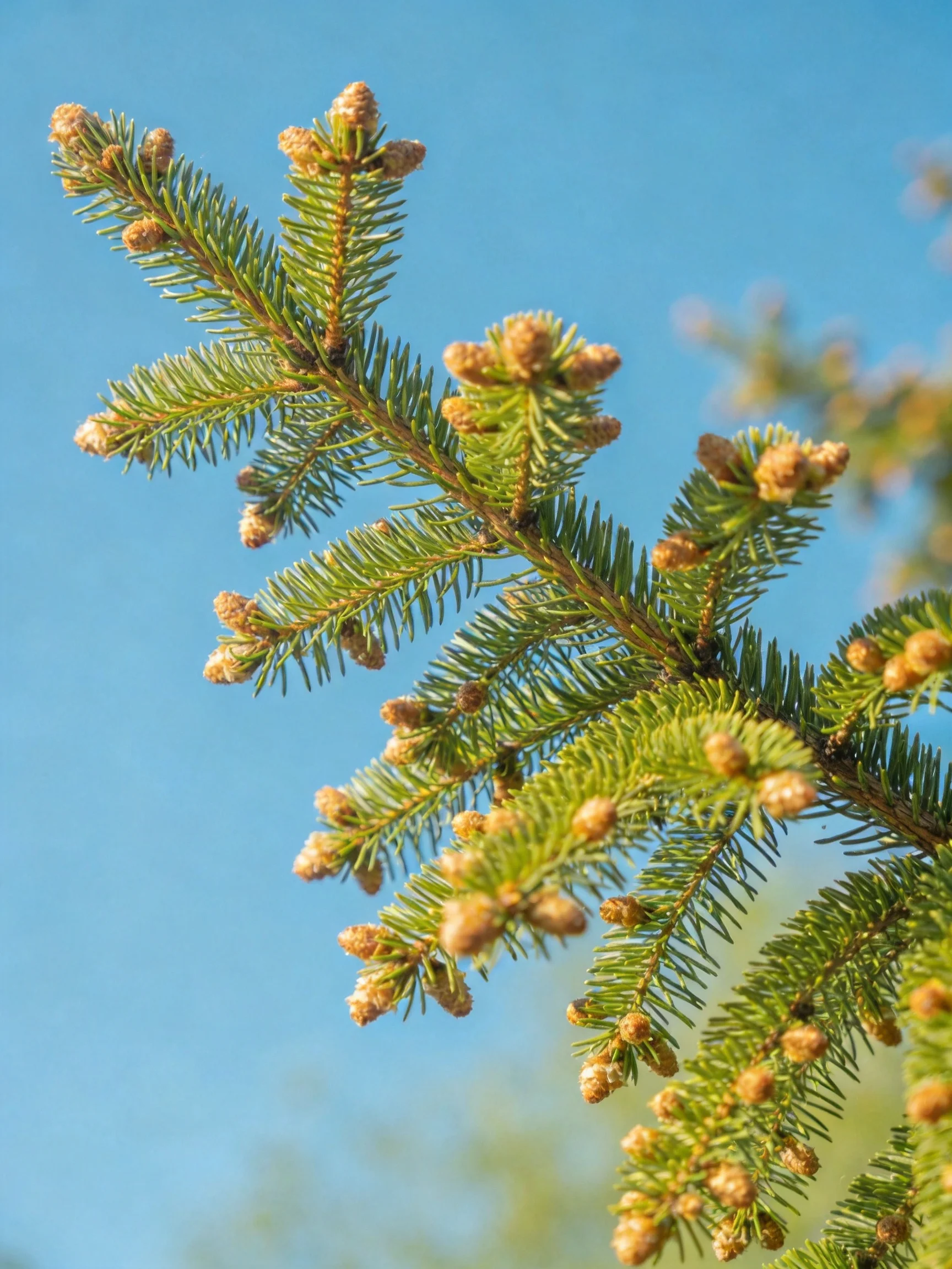 Vibrant green pine branch with small brown cones against clear blue sky