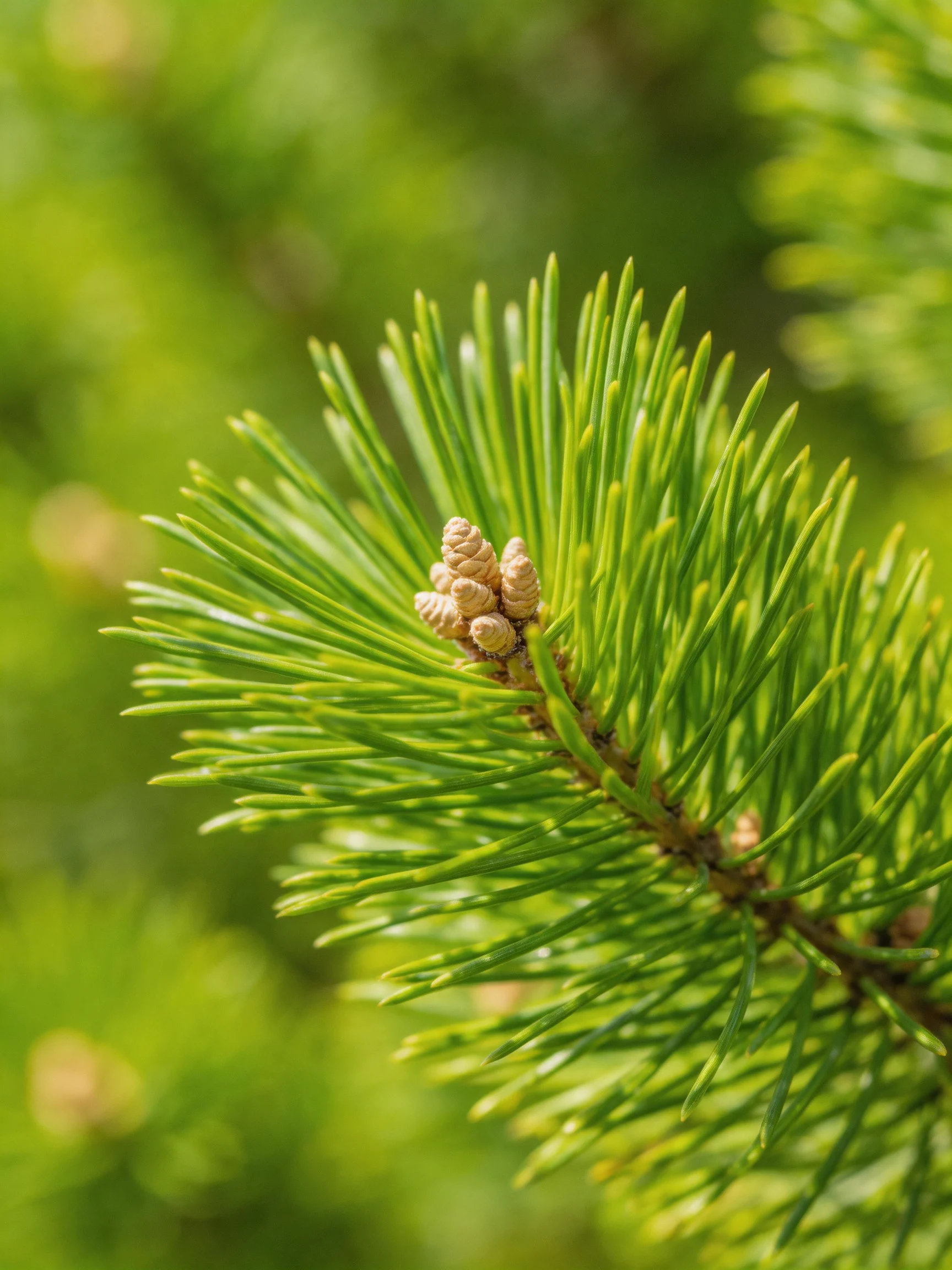 Vibrant green pine needles with small cone clusters
