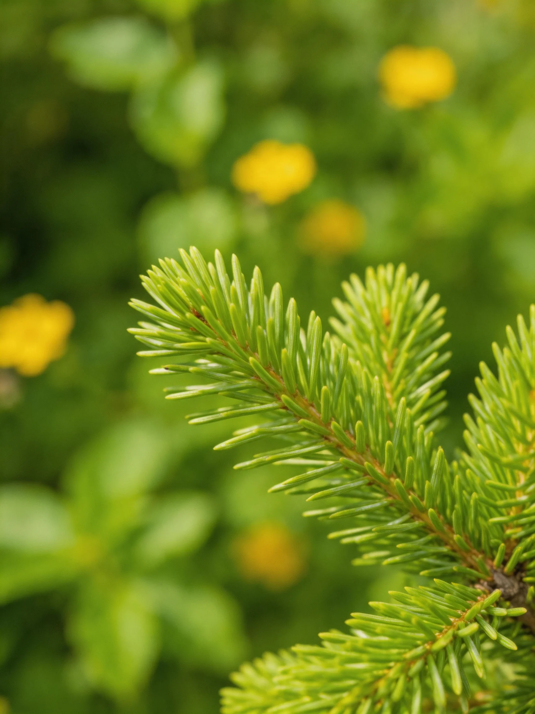 Vibrant green pine needles with yellow flowers in soft-focus background