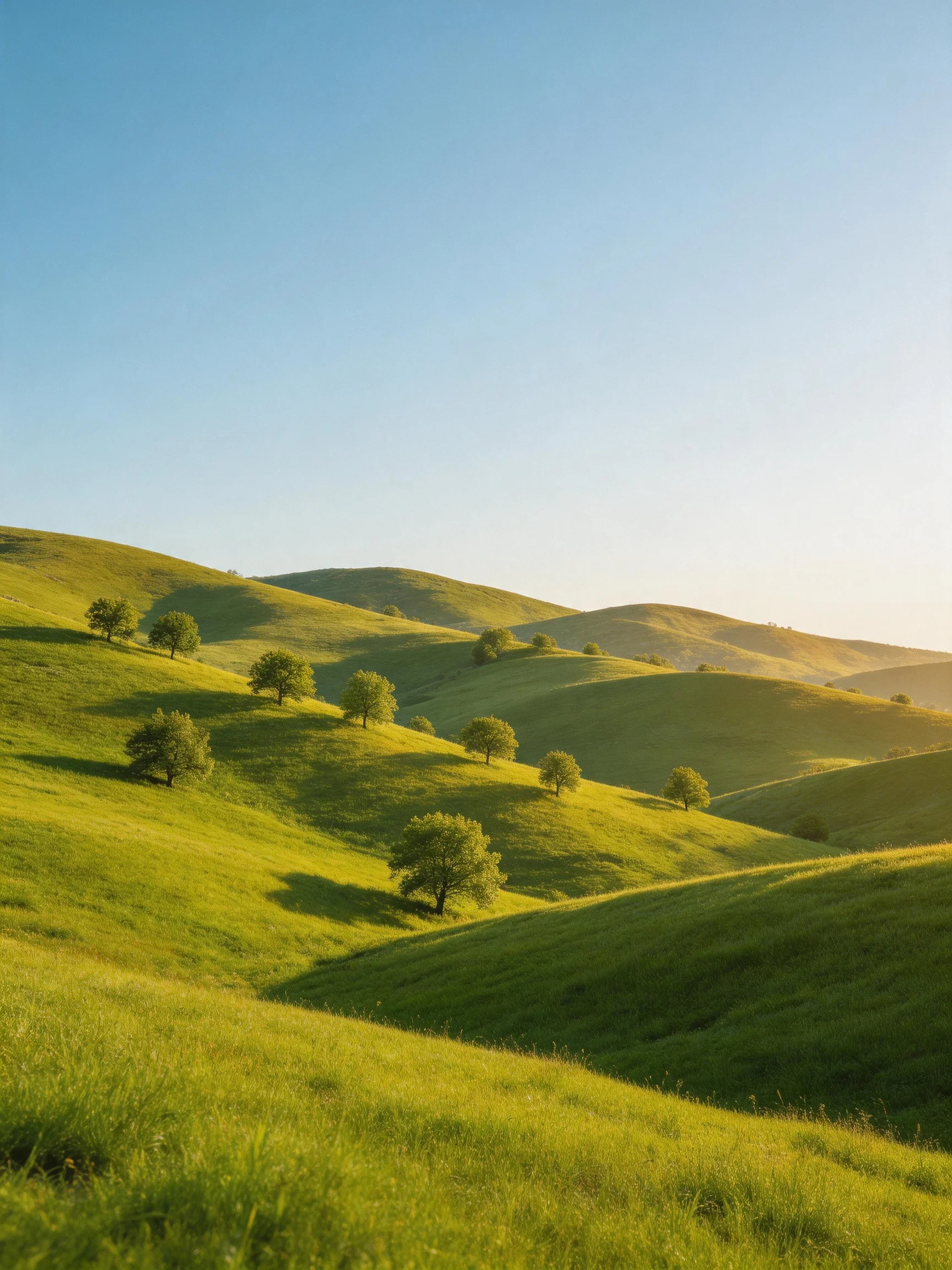 Vibrant green rolling hills scattered with trees under clear blue sky
