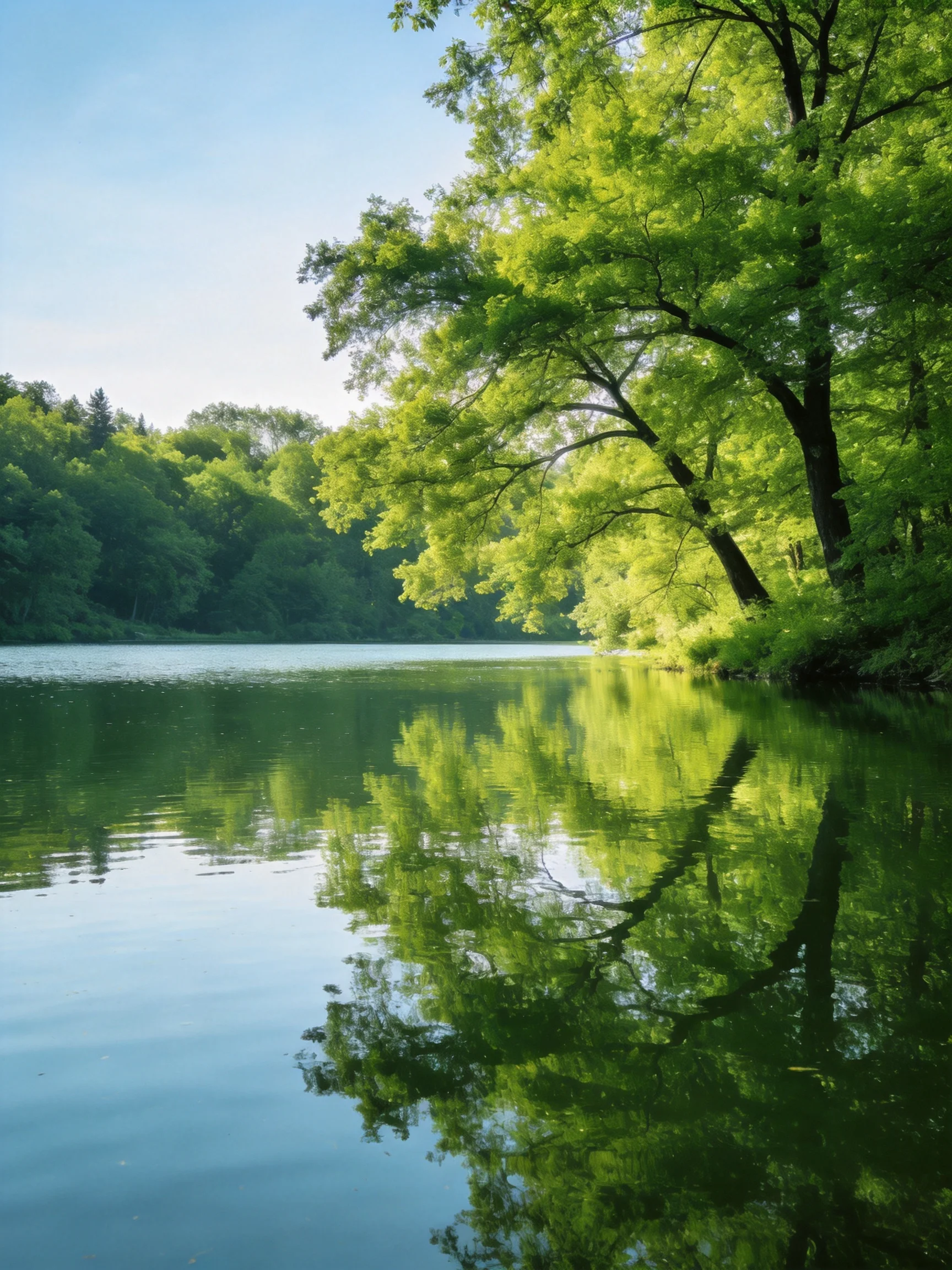 Vibrant green trees reflect in tranquil blue river waters
