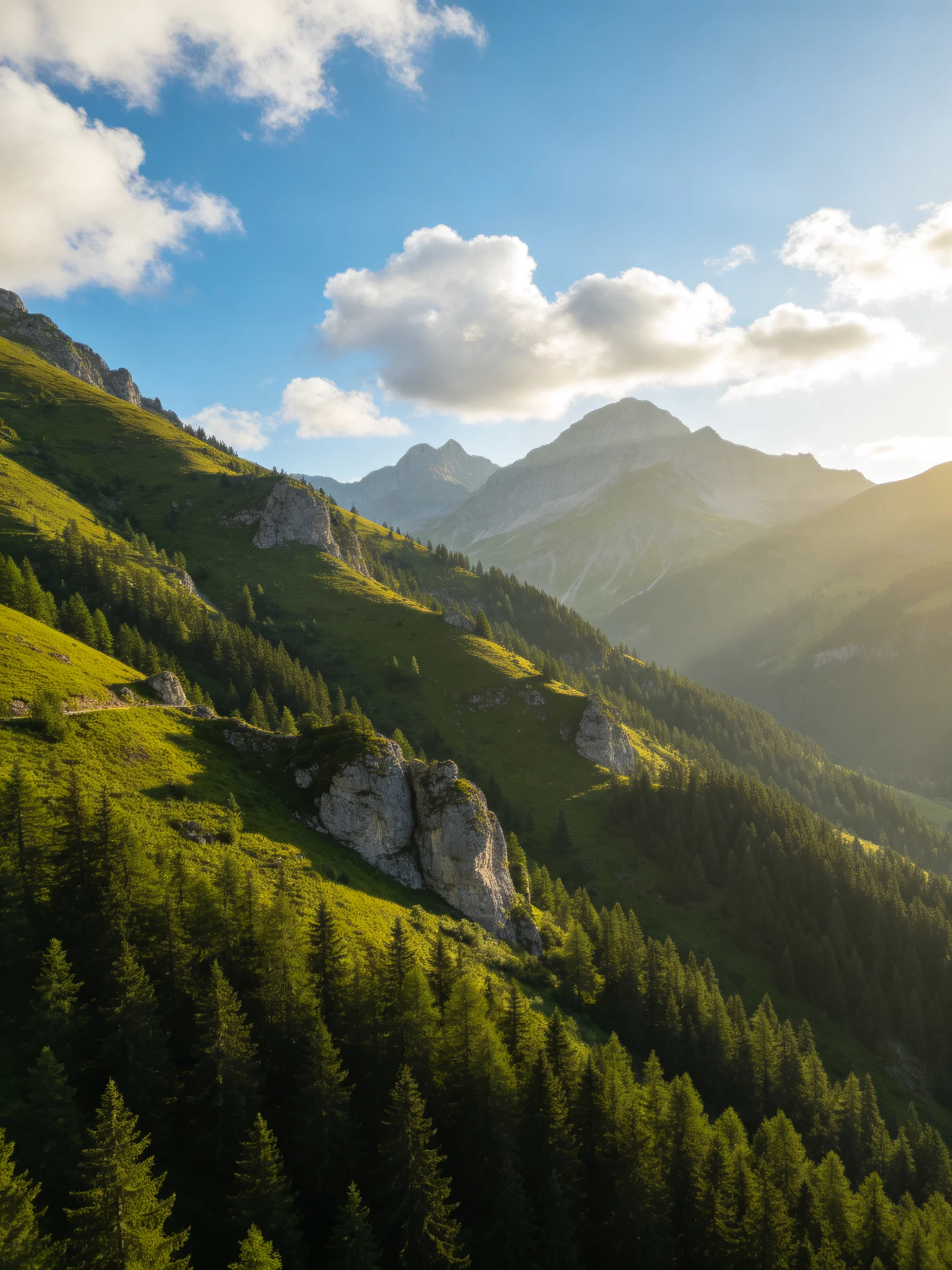 Vibrant mountain scenery with dense pine forests and rocky formations