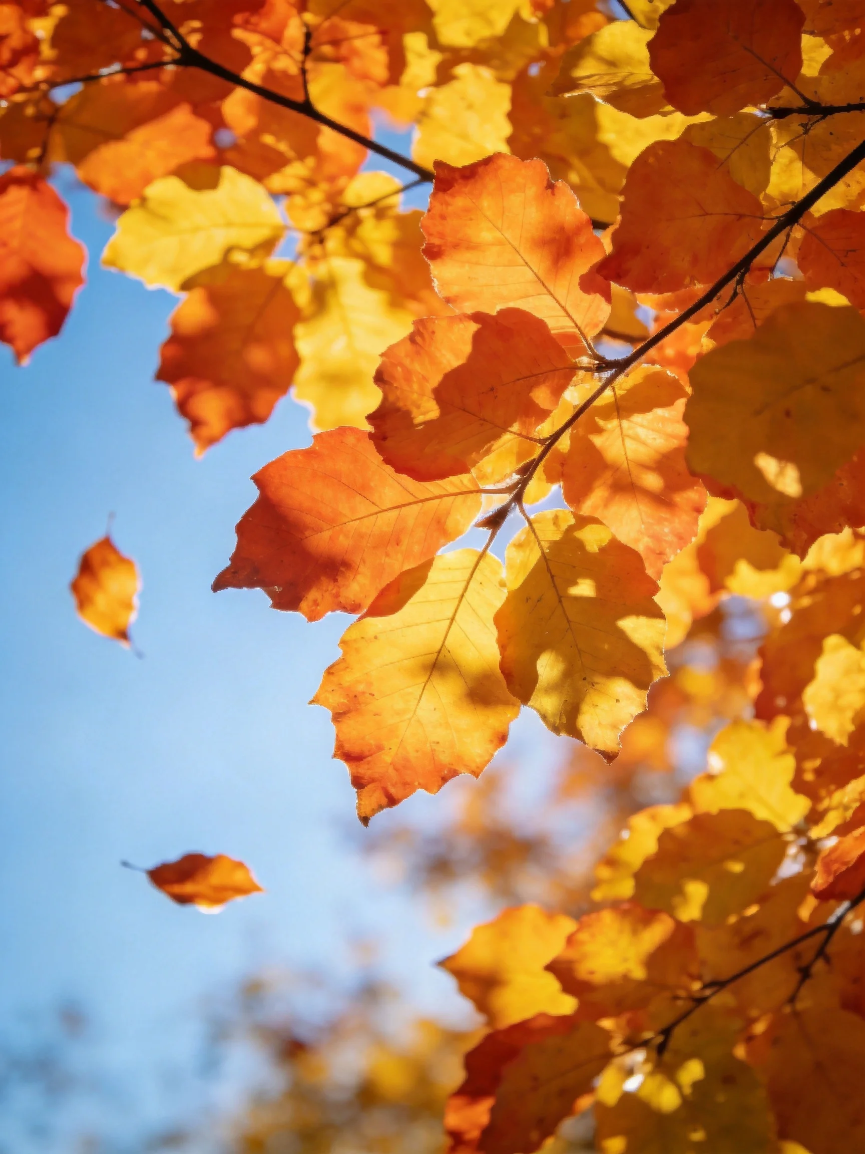 Vibrant orange and golden autumn leaves with branches under bright blue sky