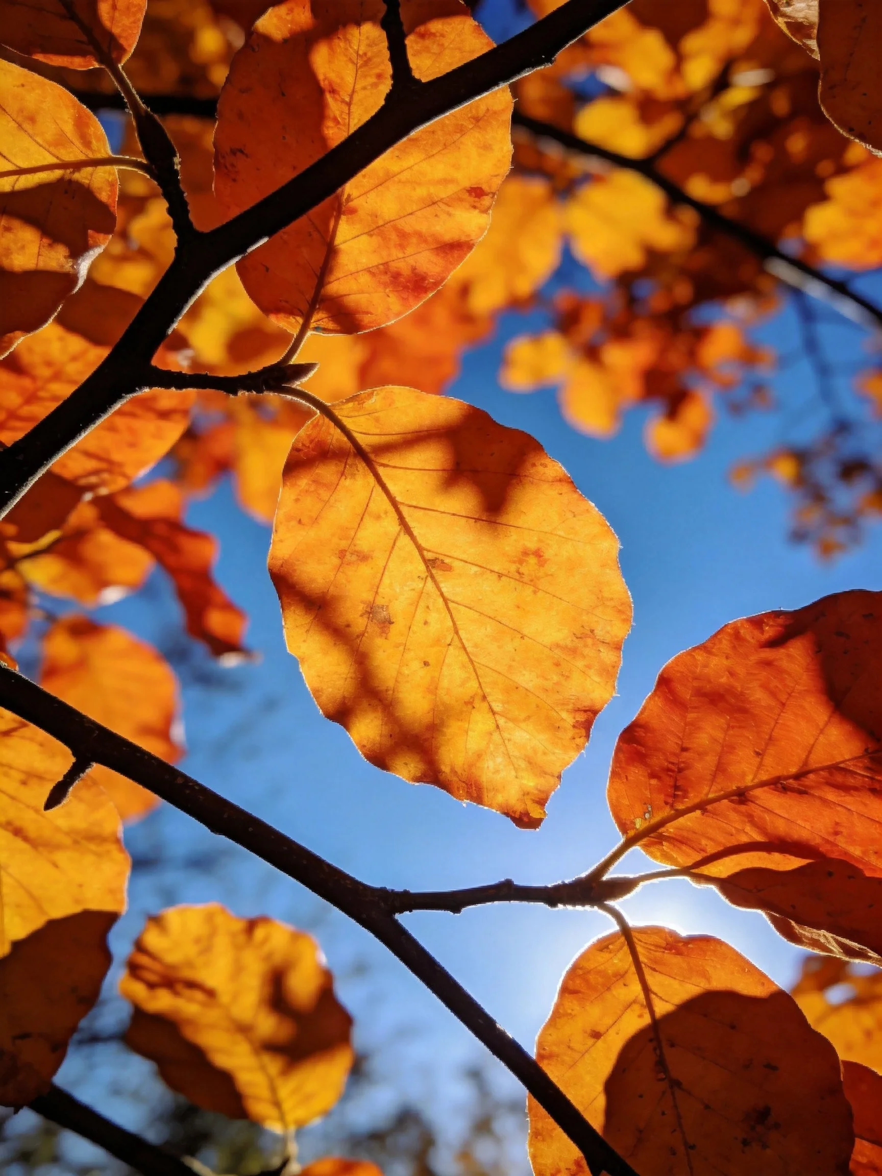 Vibrant orange autumn leaves illuminated by sunlight
