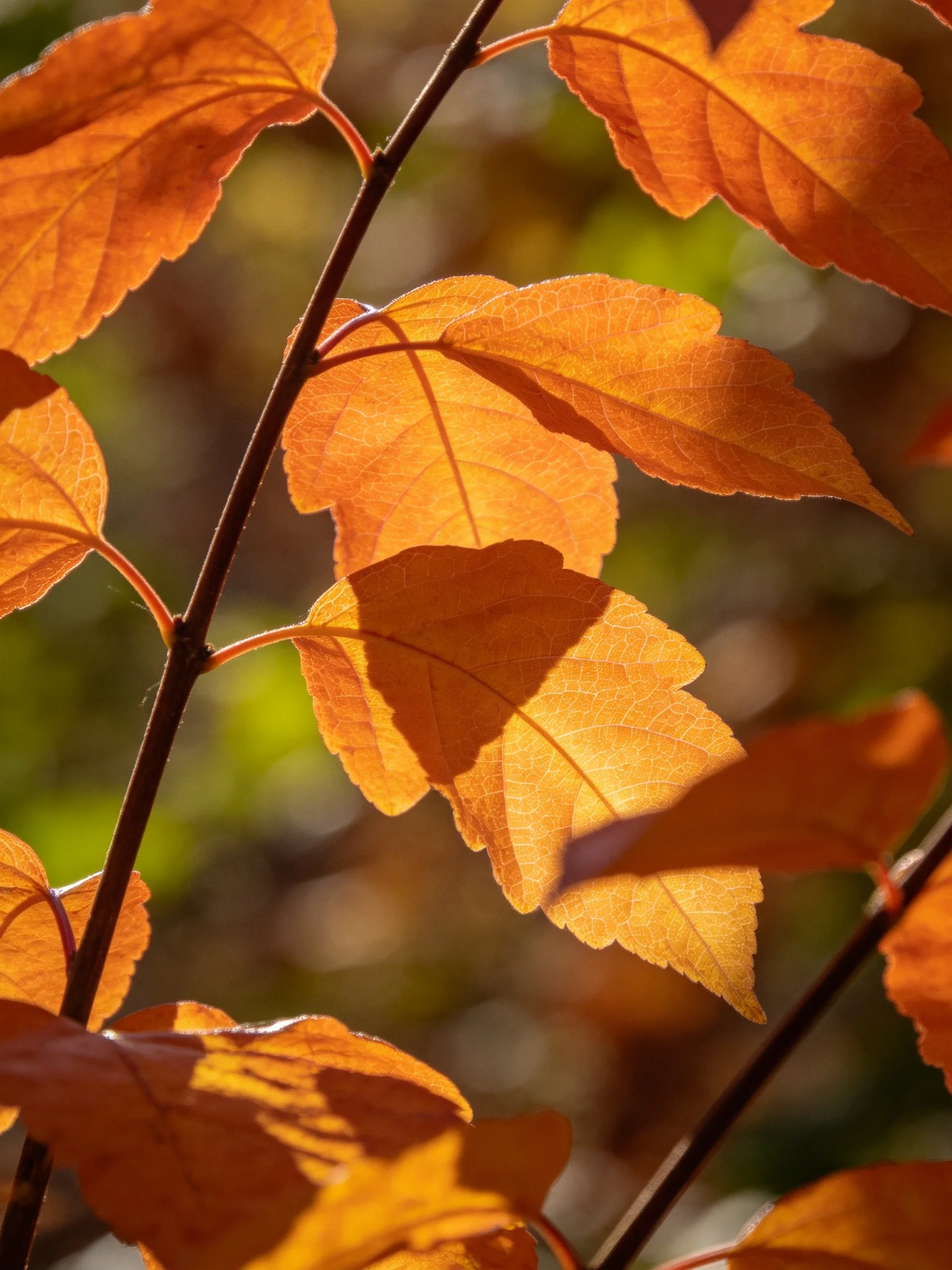 Vibrant orange autumn leaves illuminated by sunlight