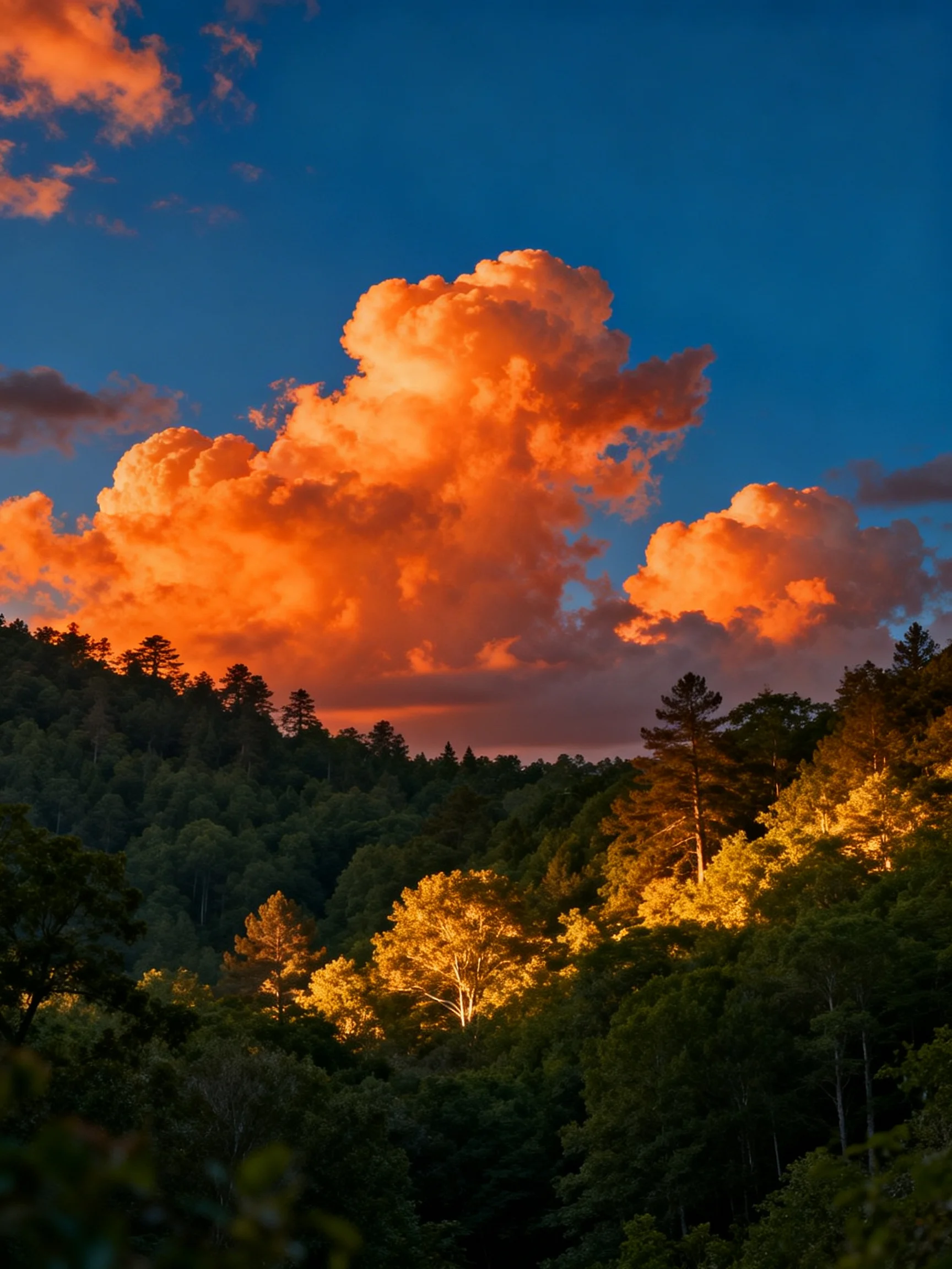Vibrant orange clouds illuminate a dense green forest under a deep blue sky