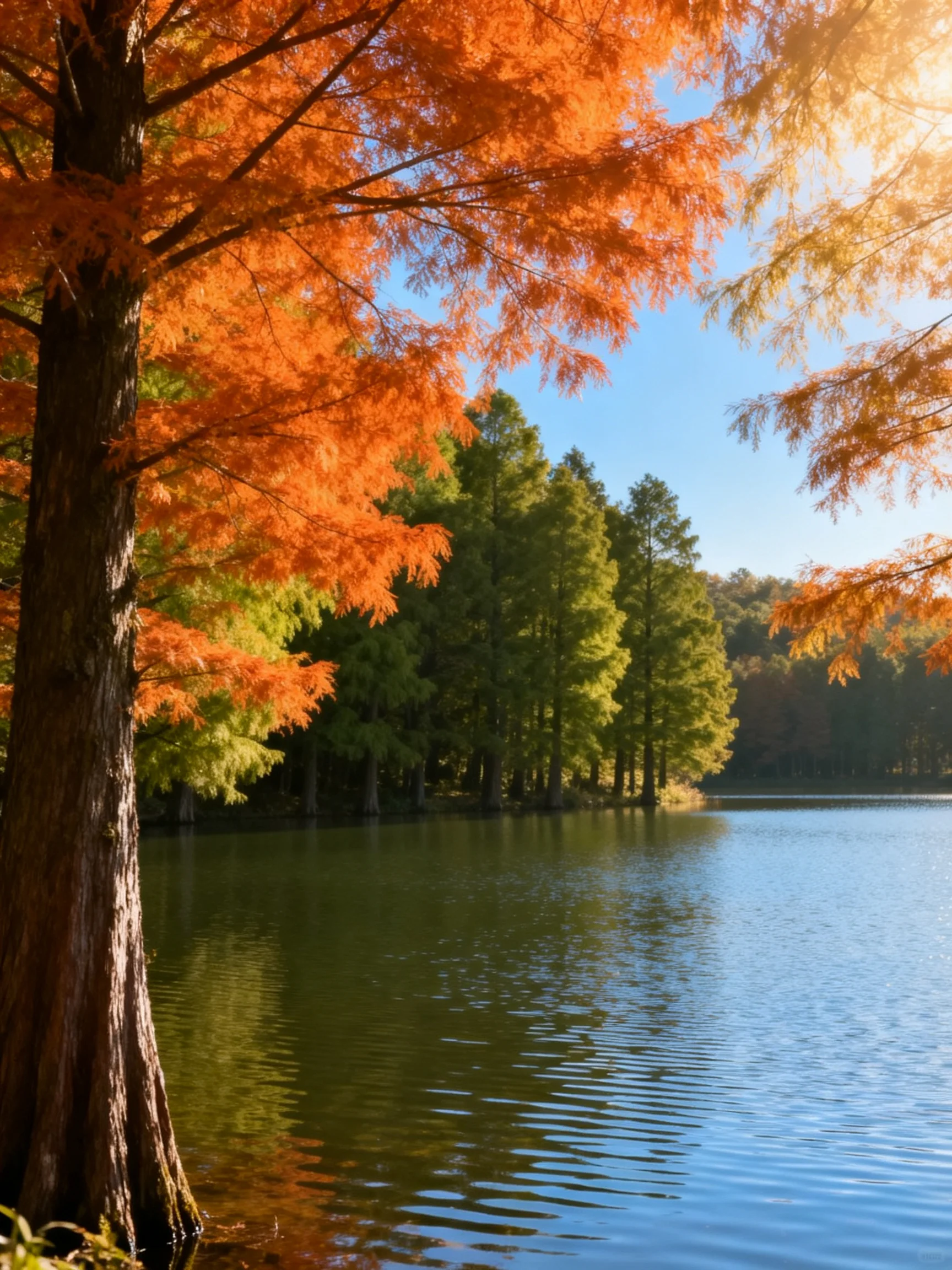 Vibrant orange cypress trees border a calm blue lake with green forest backdrop