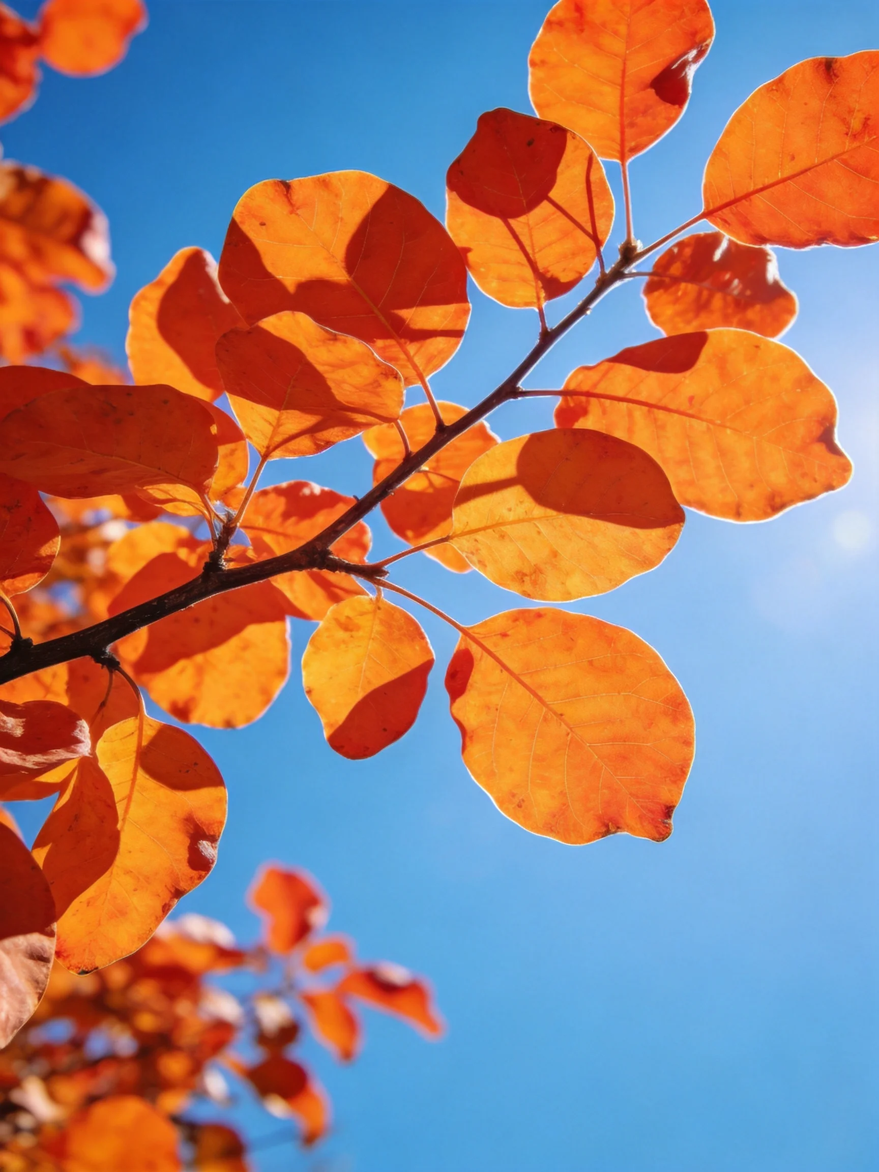 Vibrant orange leaves contrast with clear blue sky