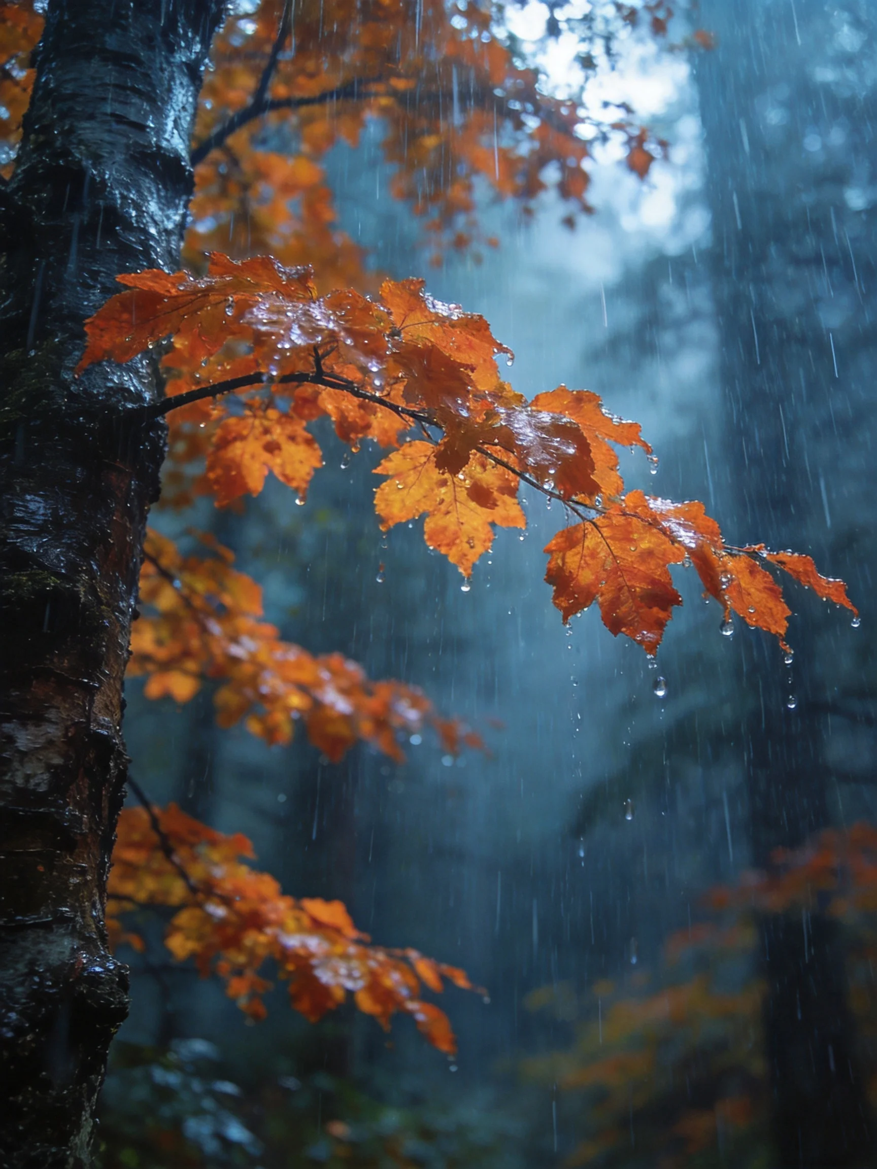 Vibrant orange leaves glisten amid falling rain in misty forest