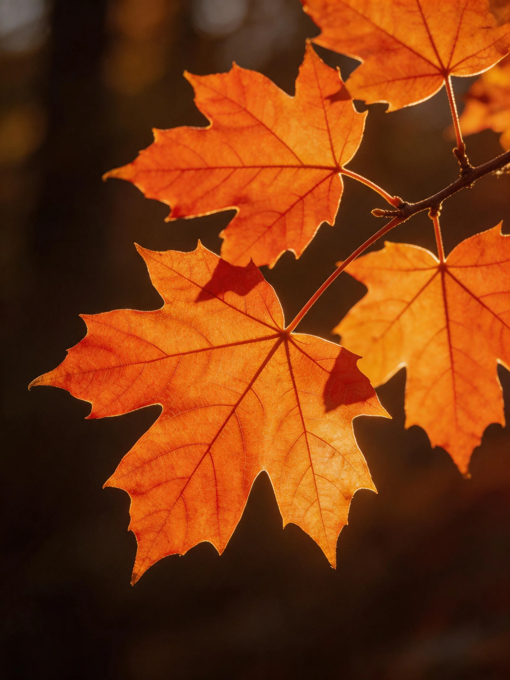 Vibrant orange maple leaves illuminated by warm golden light