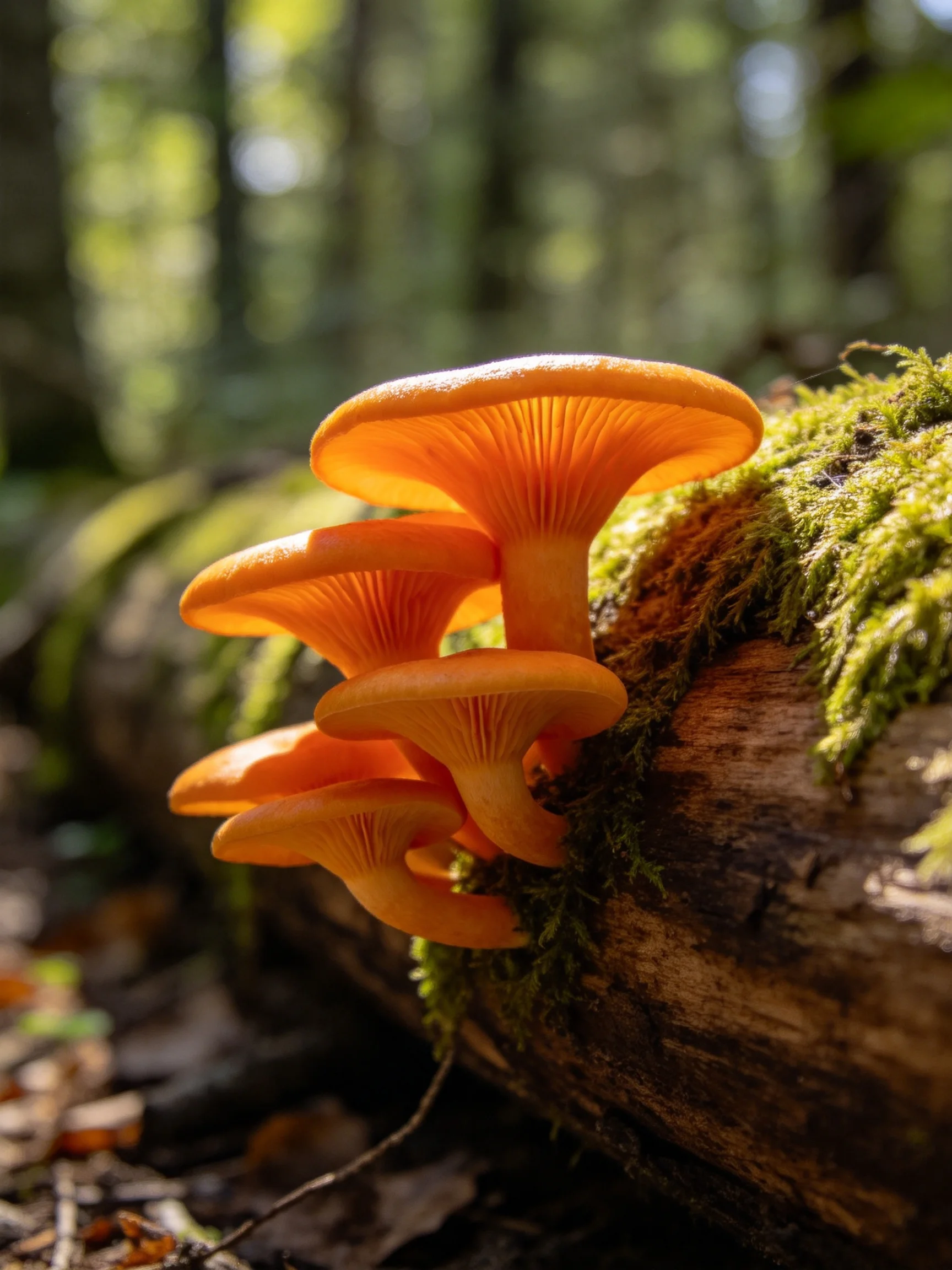 Vibrant orange mushrooms cluster on a moss-covered fallen tree trunk