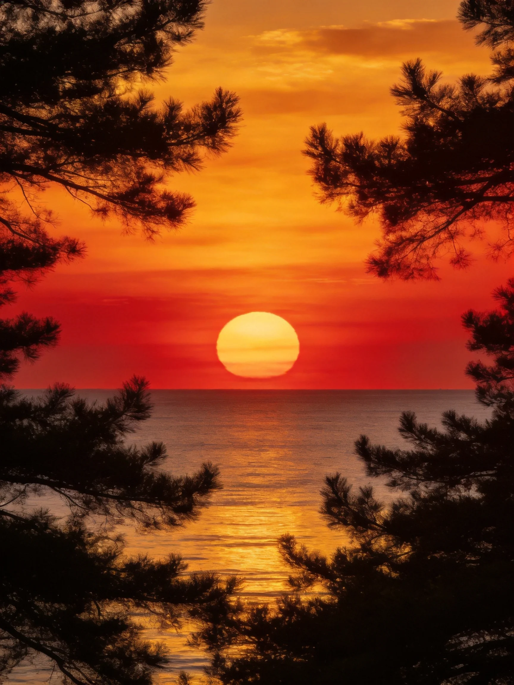 Vibrant orange-red sunset over calm sea, framed by dark pine branches