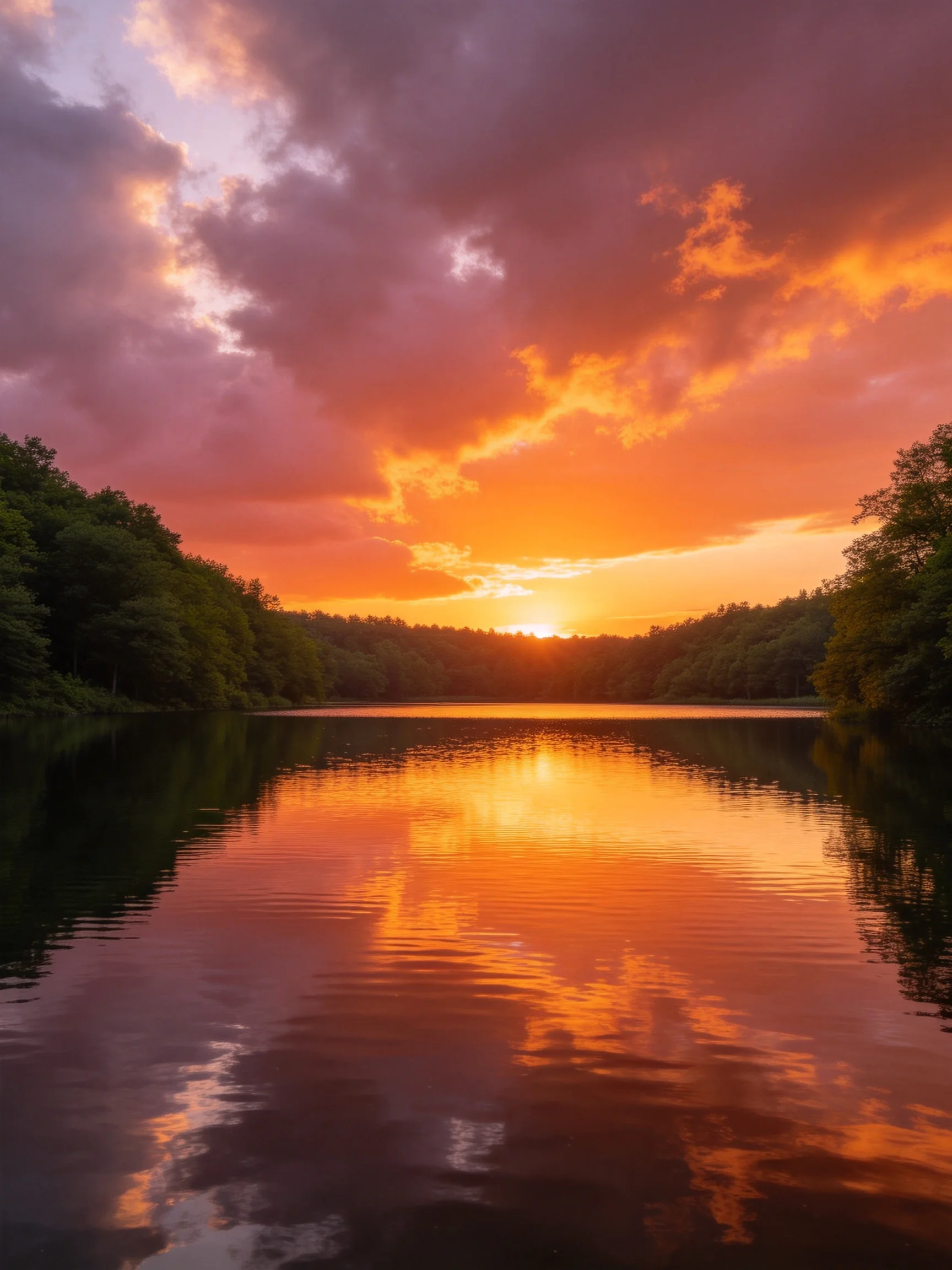 Vibrant orange sunset reflects on calm lake surrounded by dense green forests