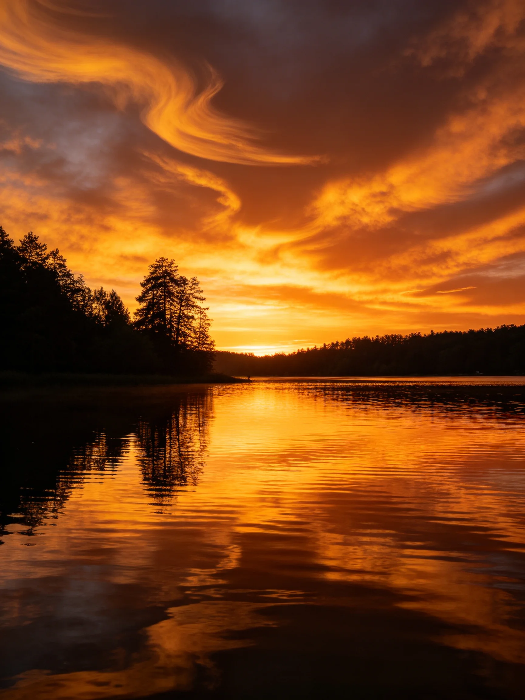 Vibrant orange sunset reflects on calm lake waters near forested shore