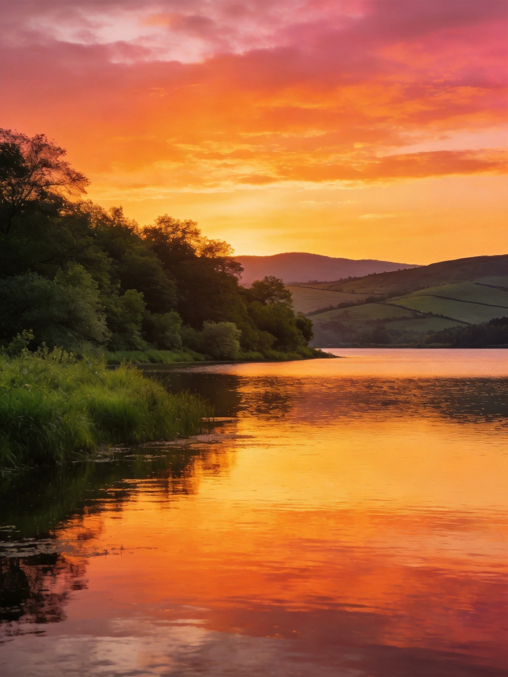 Vibrant orange sunset reflects on calm lake waters near rolling green hills