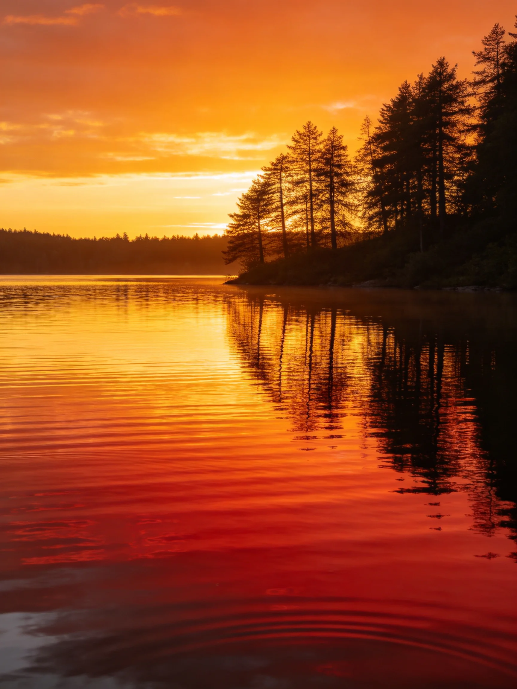 Vibrant orange sunset reflects on calm lake with silhouetted pine tree shoreline.