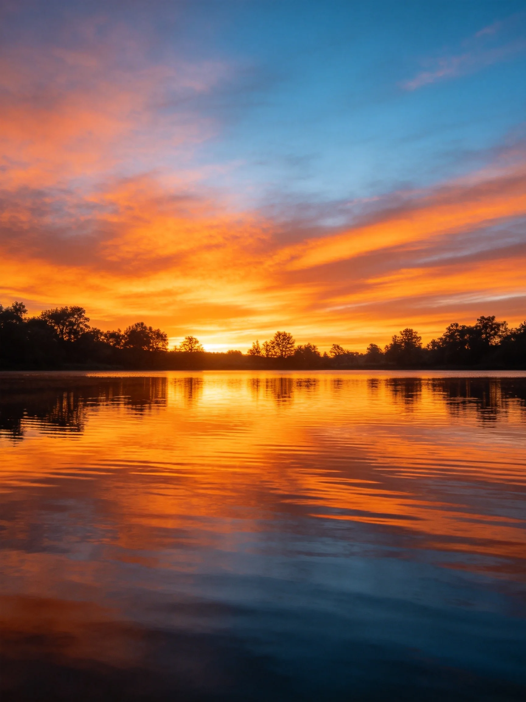 Vibrant orange sunset reflects over calm water with silhouetted trees