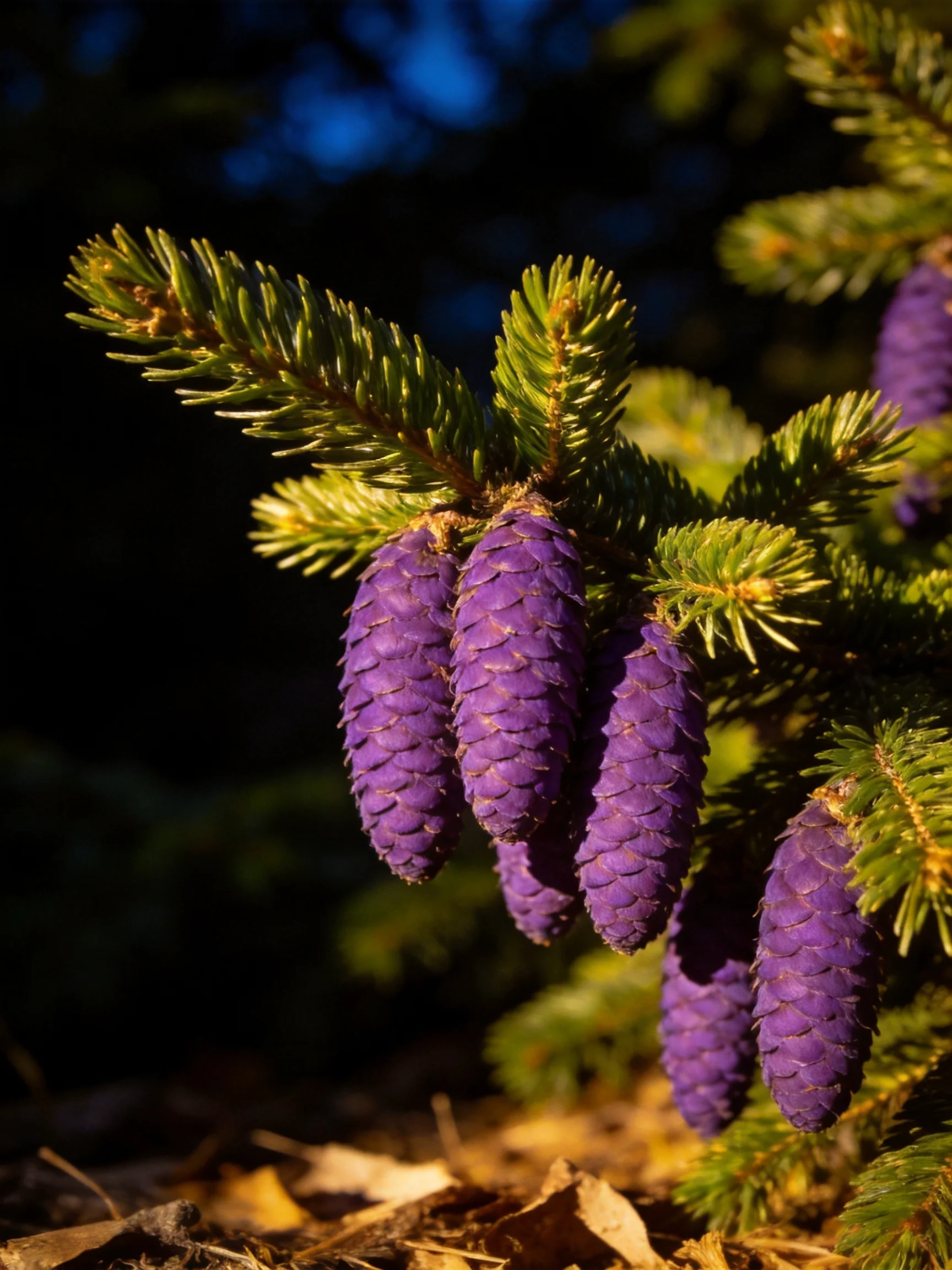 Vibrant purple pine cones hang from lush evergreen branches
