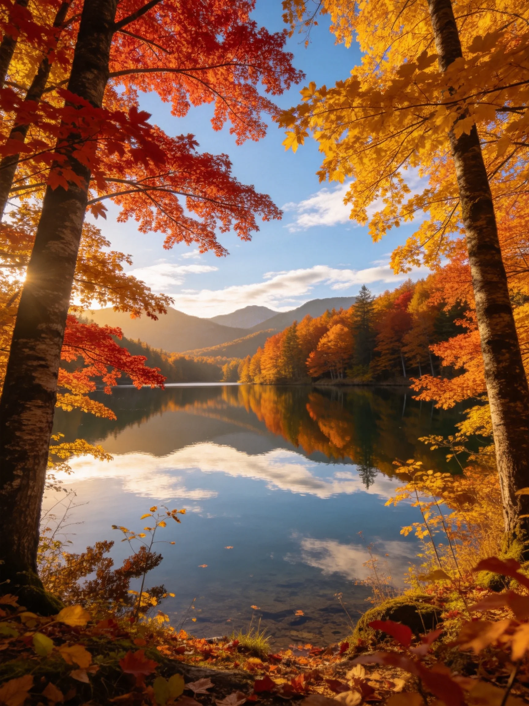 Vibrant red and gold trees frame a serene lake with mountain reflections.