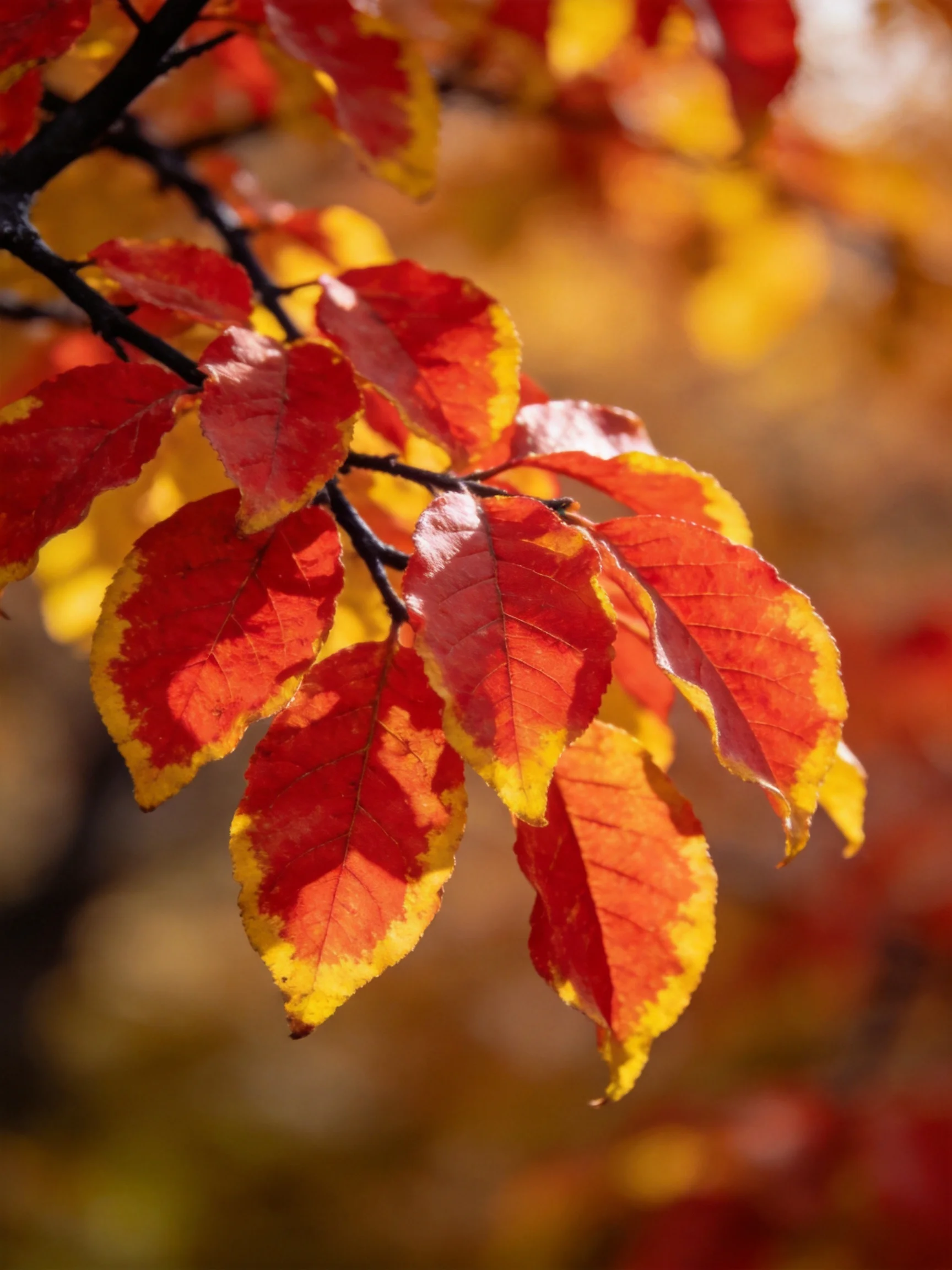 Vibrant red and golden autumn leaves clustered on dark branches