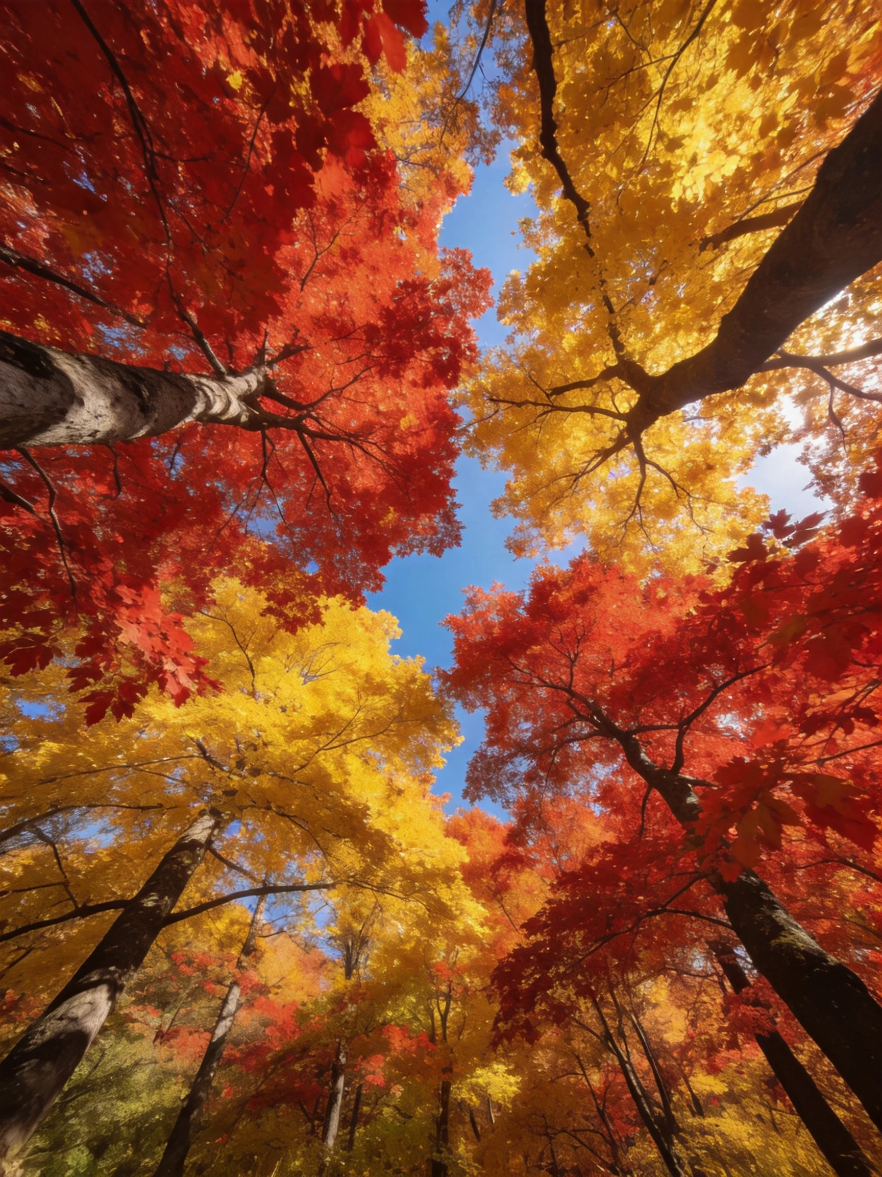 Vibrant red and golden maple trees tower overhead in an autumn forest