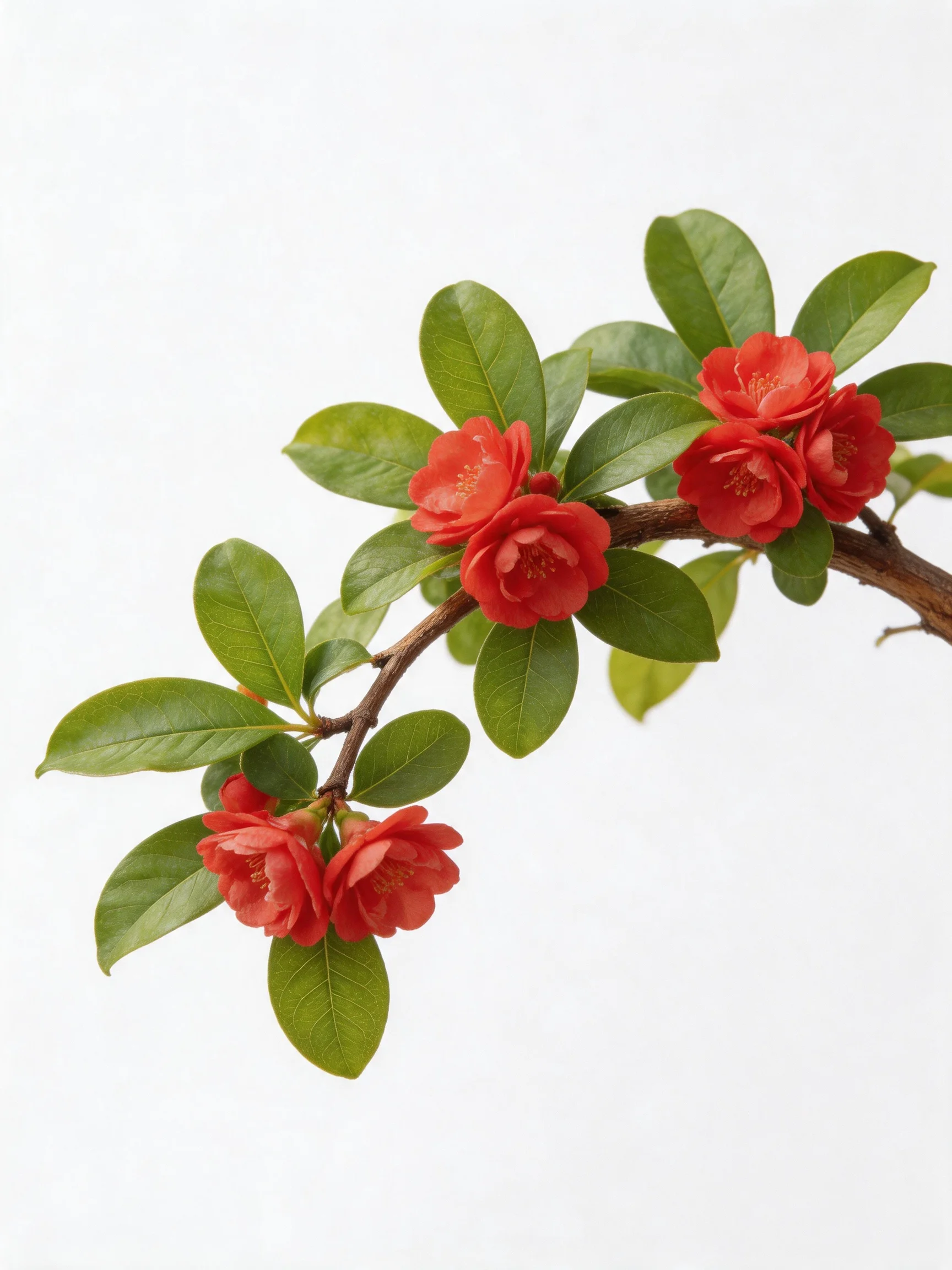 Vibrant red flowers bloom among glossy green leaves on a curved branch