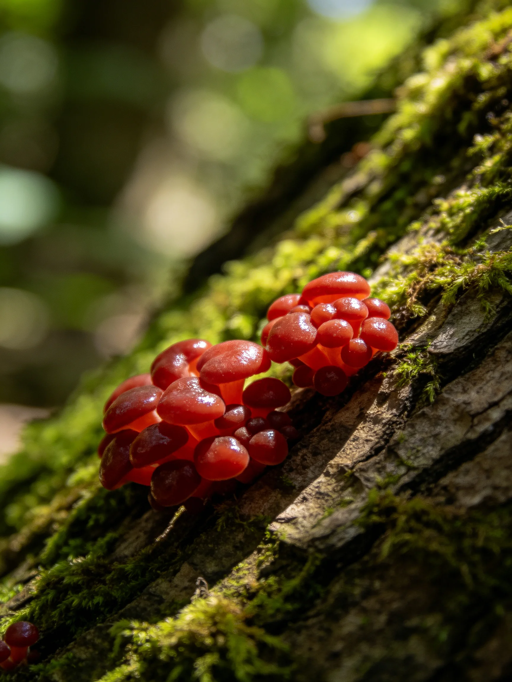 Vibrant red fungi cluster on moss-covered tree bark