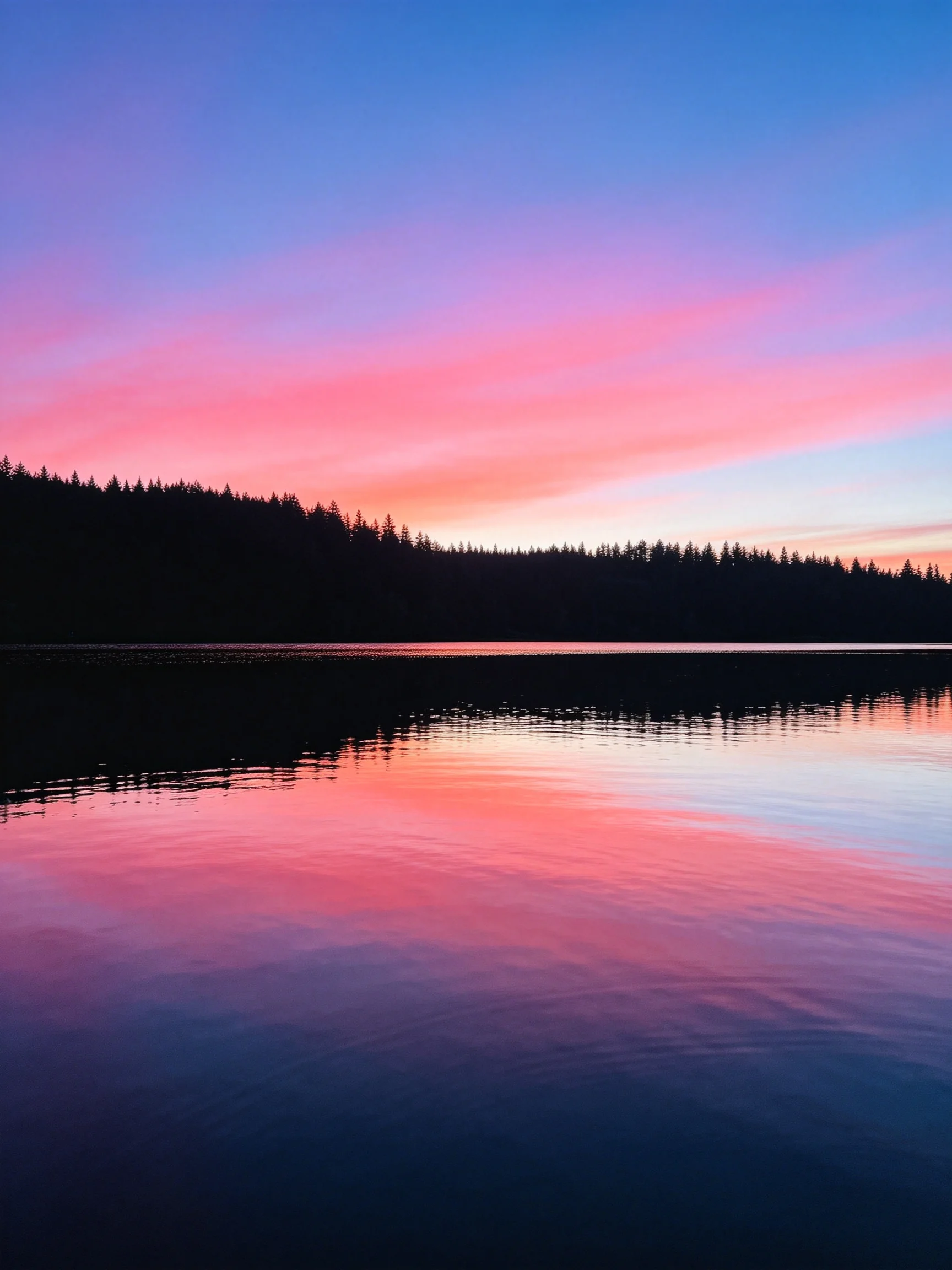 Vibrant sunset hues reflect on calm lake with forest backdrop