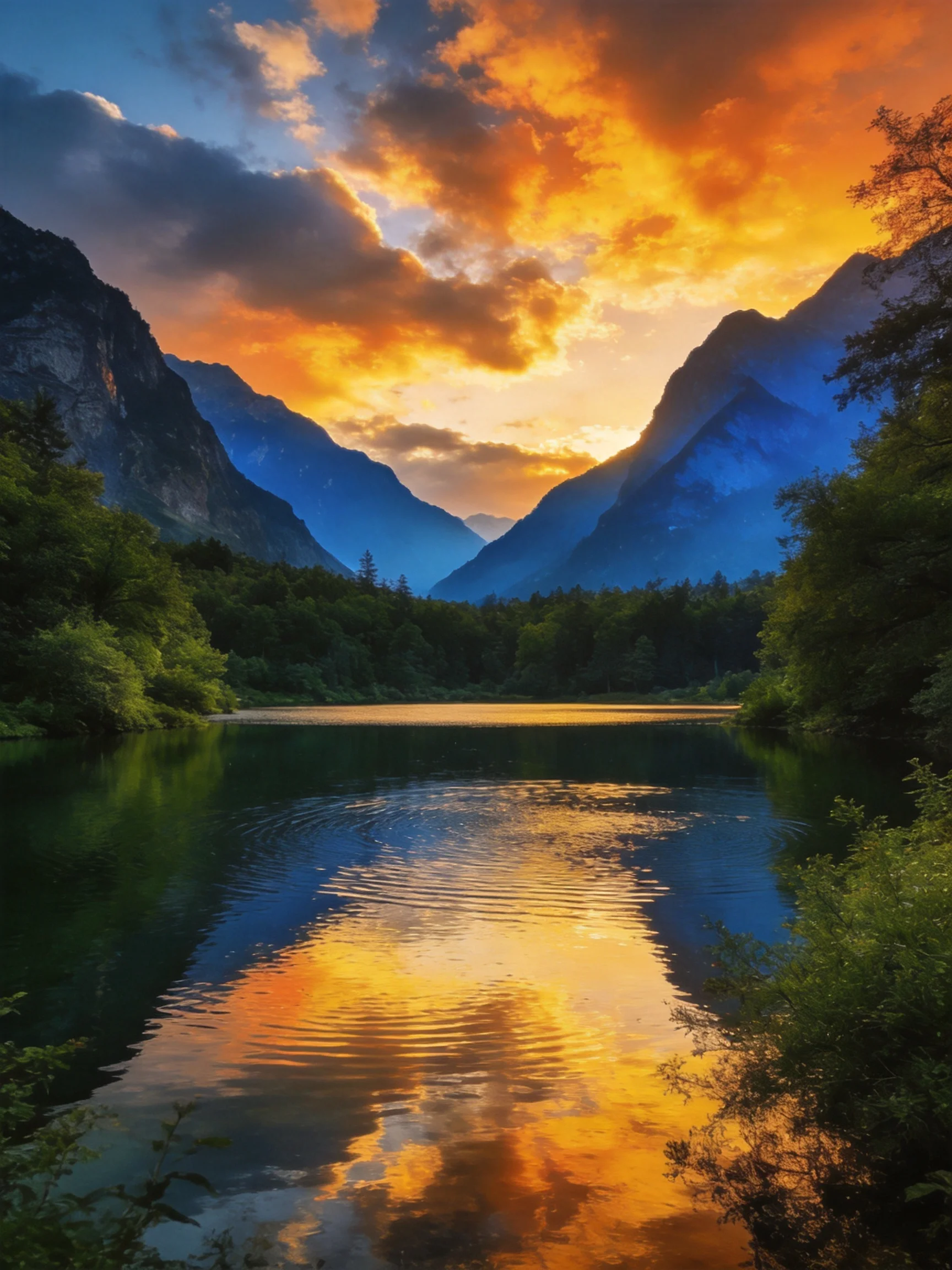 Vibrant sunset illuminates mountain valley with reflective lake waters