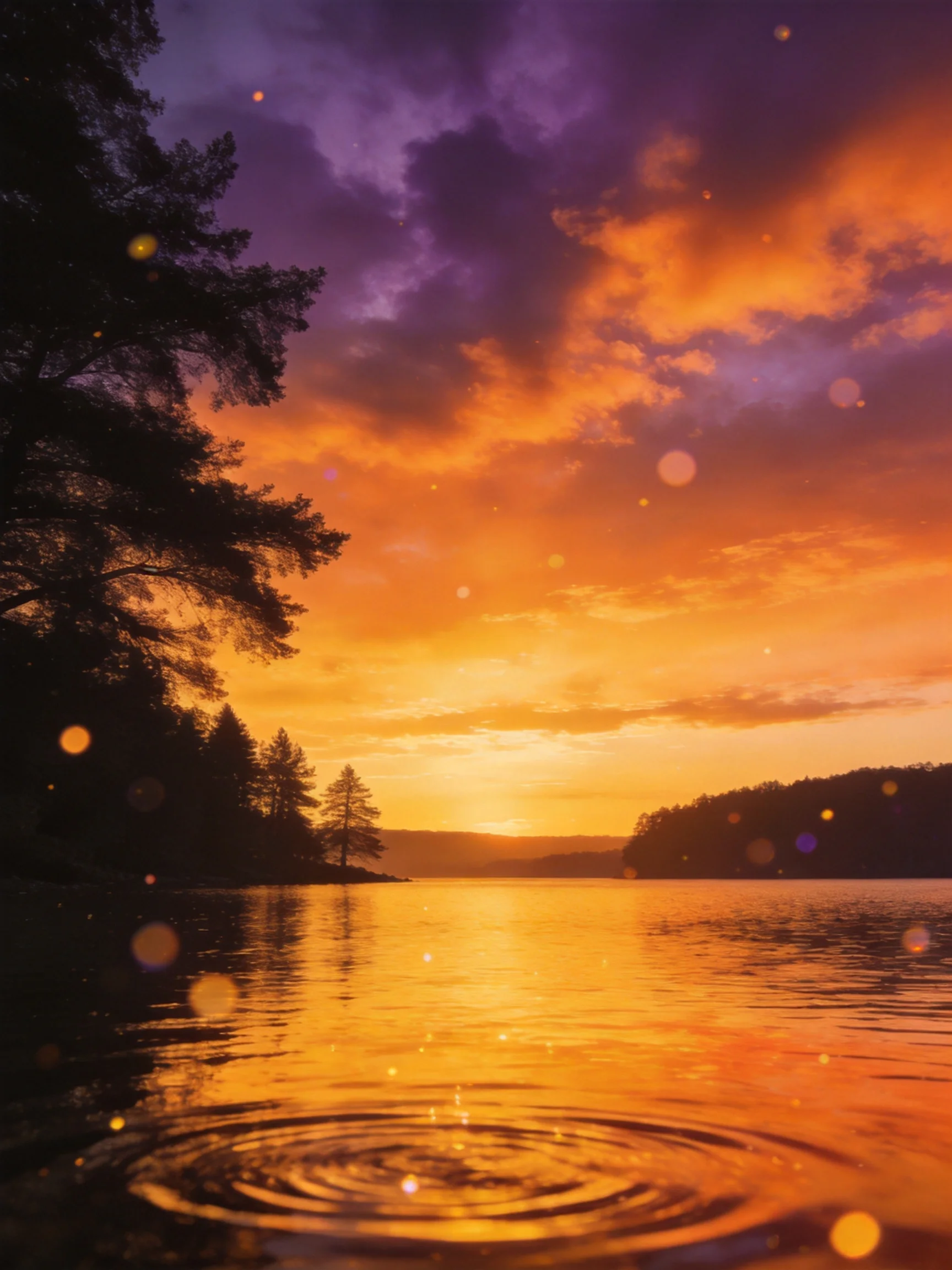 Vibrant sunset over calm lake with silhouetted trees