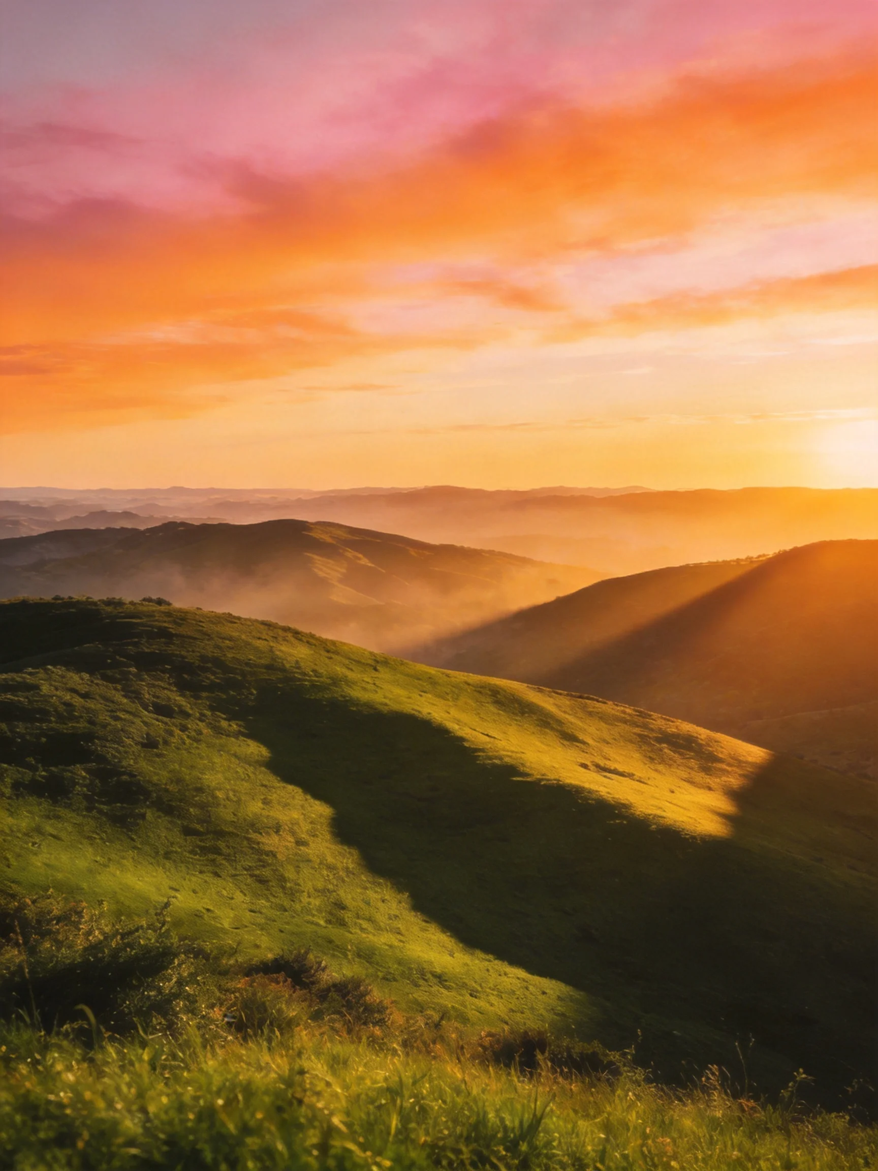 Vibrant sunset over rolling green hills with colorful sky
