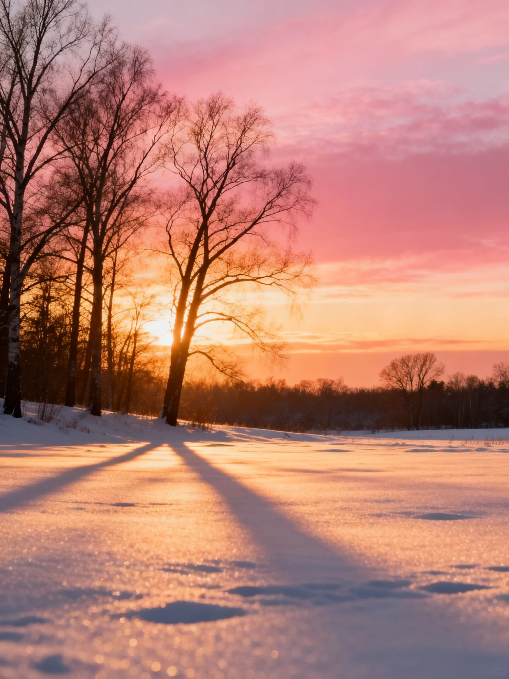 Vibrant sunset over snowy field with bare trees
