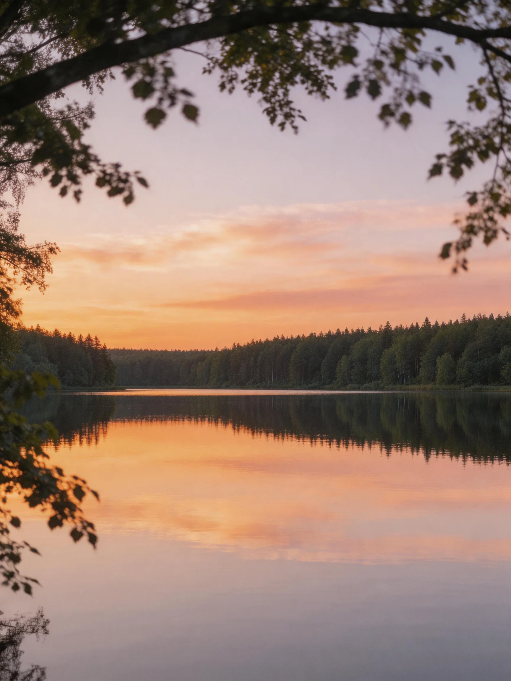 Vibrant sunset reflections on a calm lake bordered by dense woods.