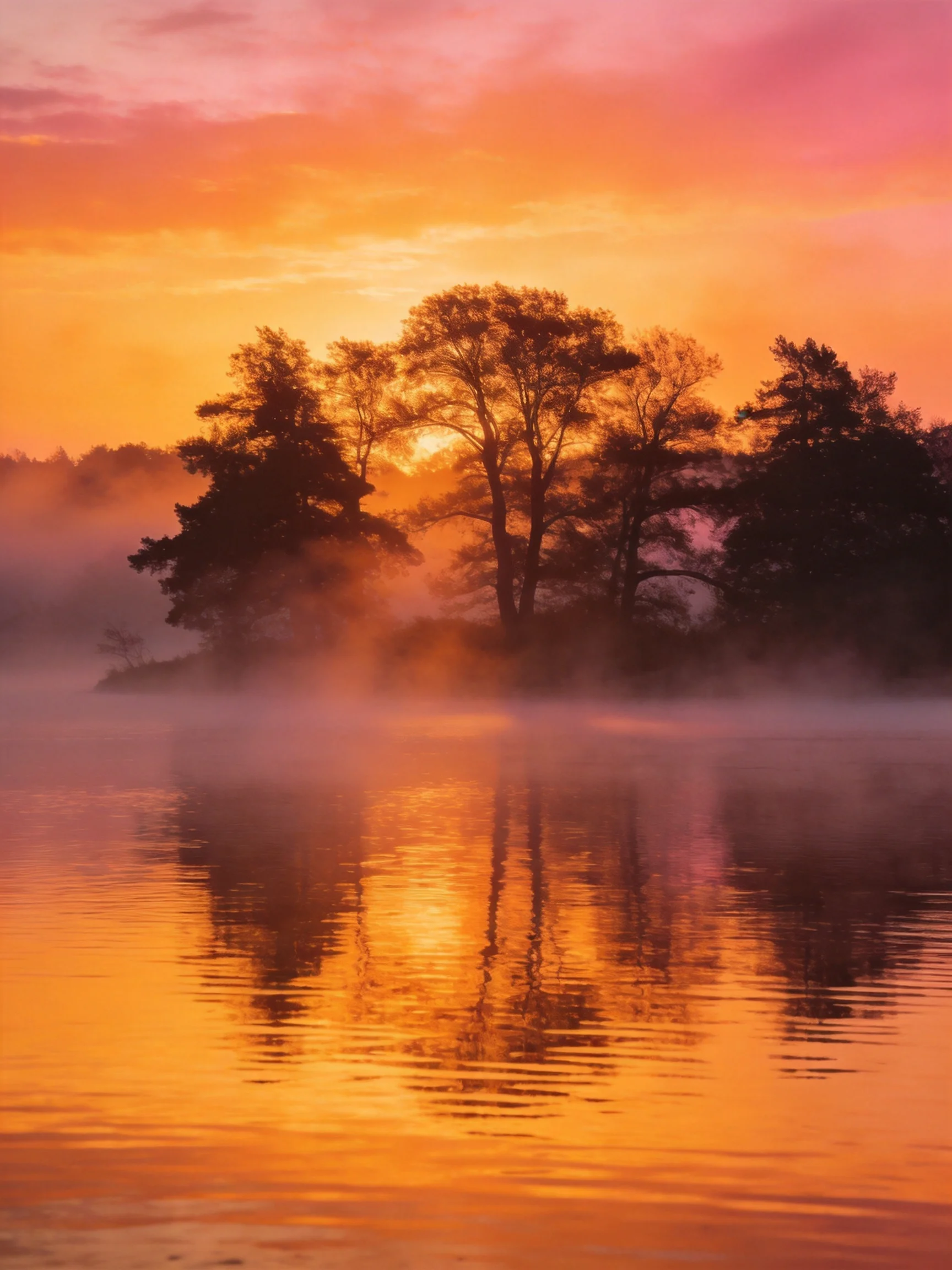 Vibrant sunset silhouettes reflect in misty, golden water