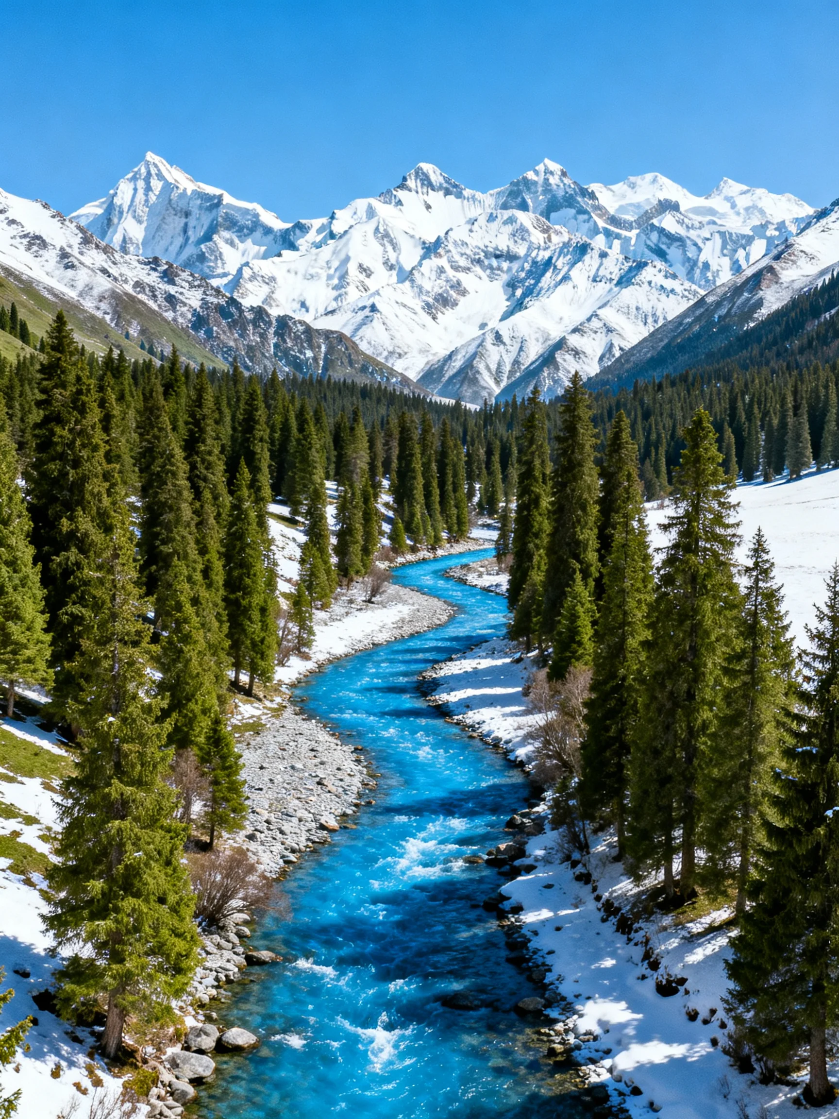 Vibrant turquoise river winds through snowy forests near snow-capped mountains
