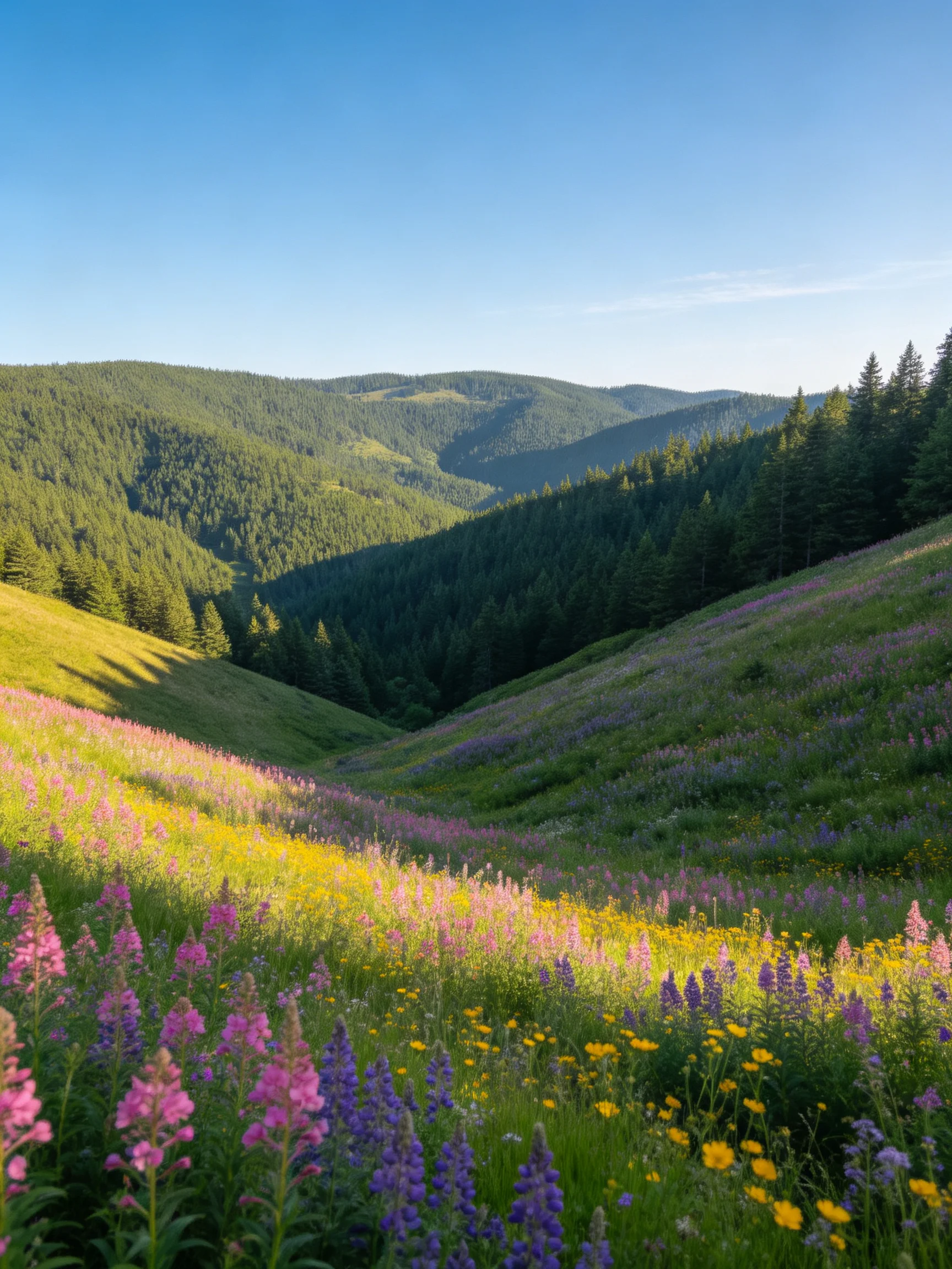 Vibrant wildflowers blanket rolling green hills near forested mountains