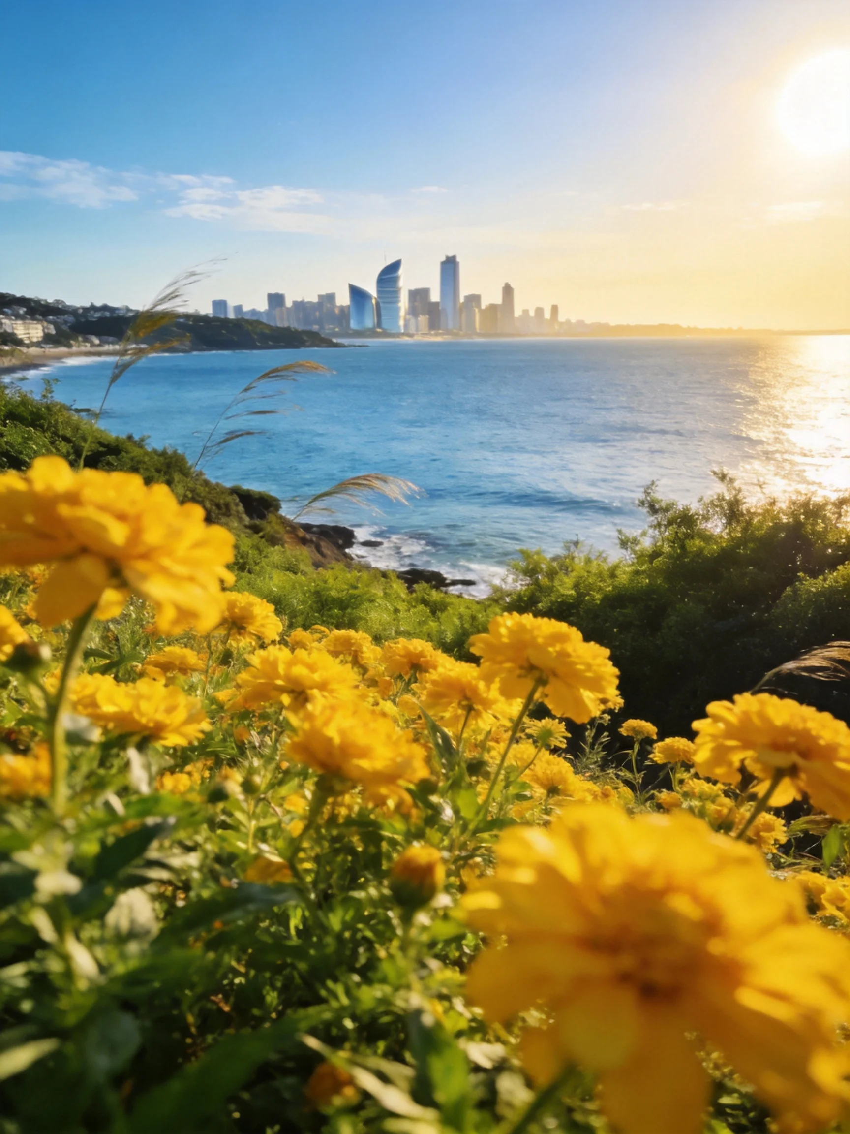 Vibrant yellow flowers near coastal cityscape under bright sun