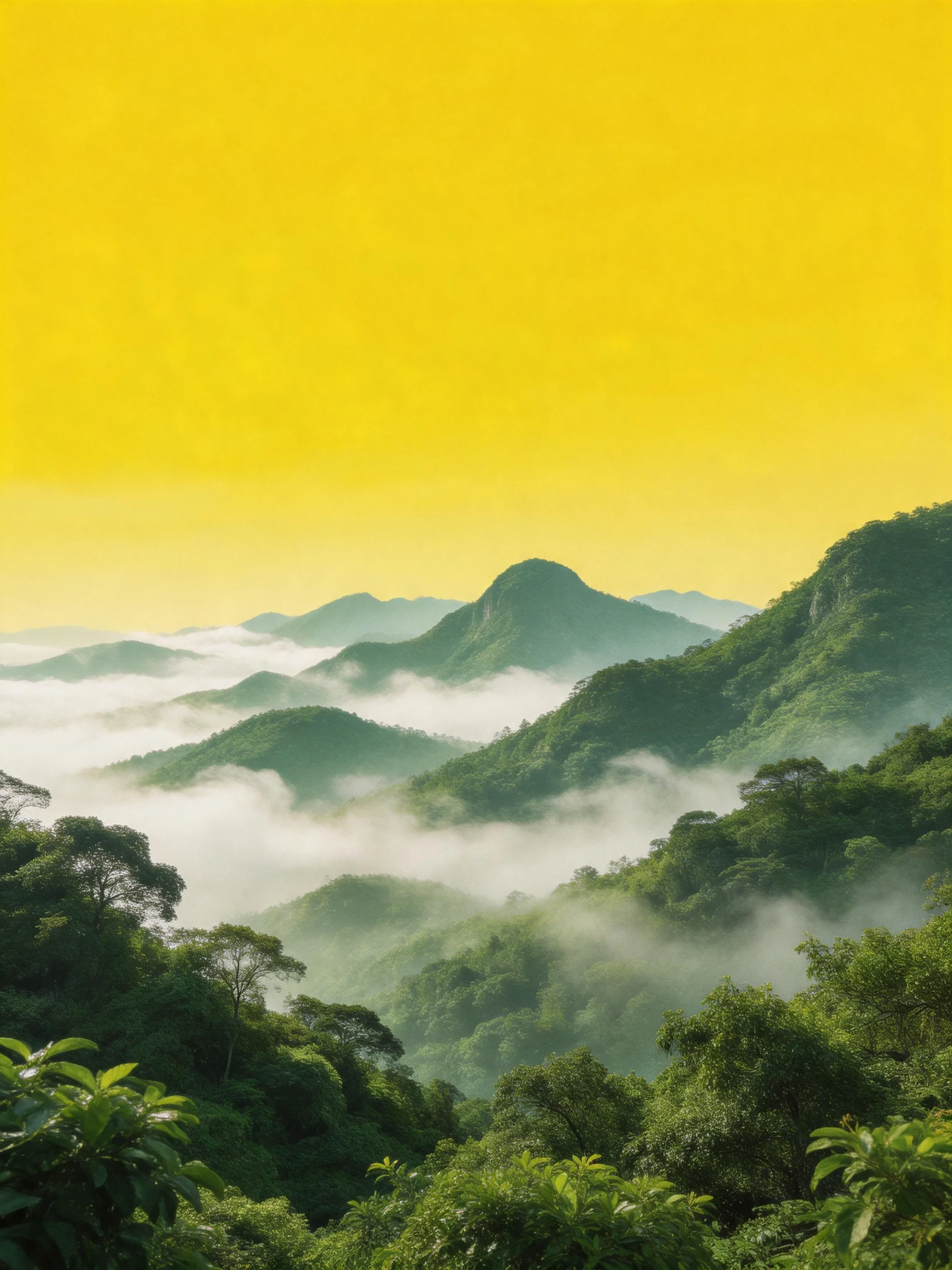 Vibrant yellow sky over dense green mountain range with mist