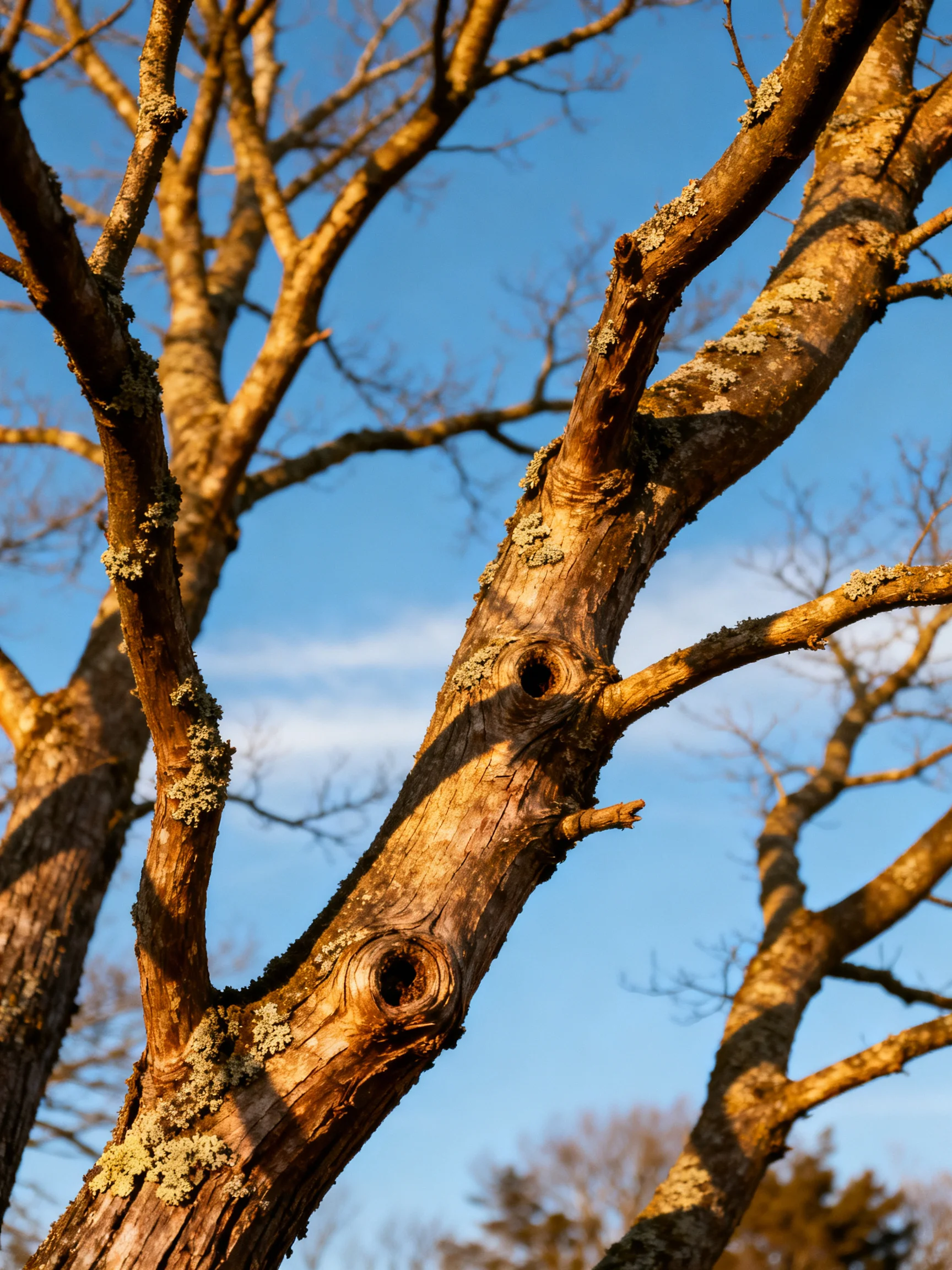 Weathered Tree Branches with Lichen Against Bright Blue Sky