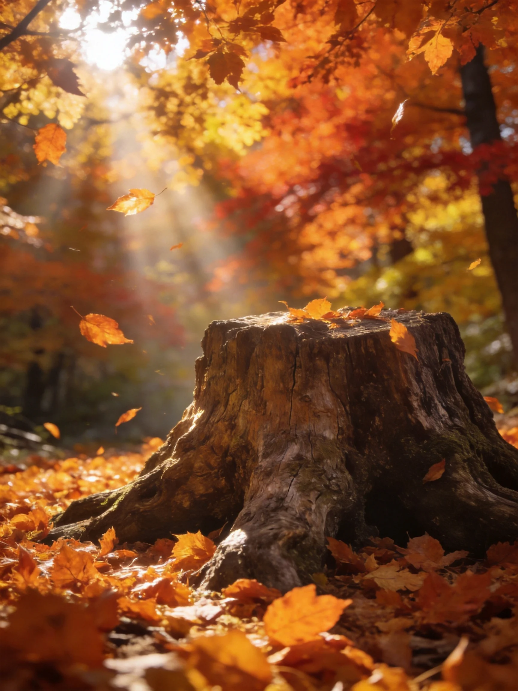Weathered Tree Stump Amidst Vibrant Autumn Foliage Under Golden Sunlight