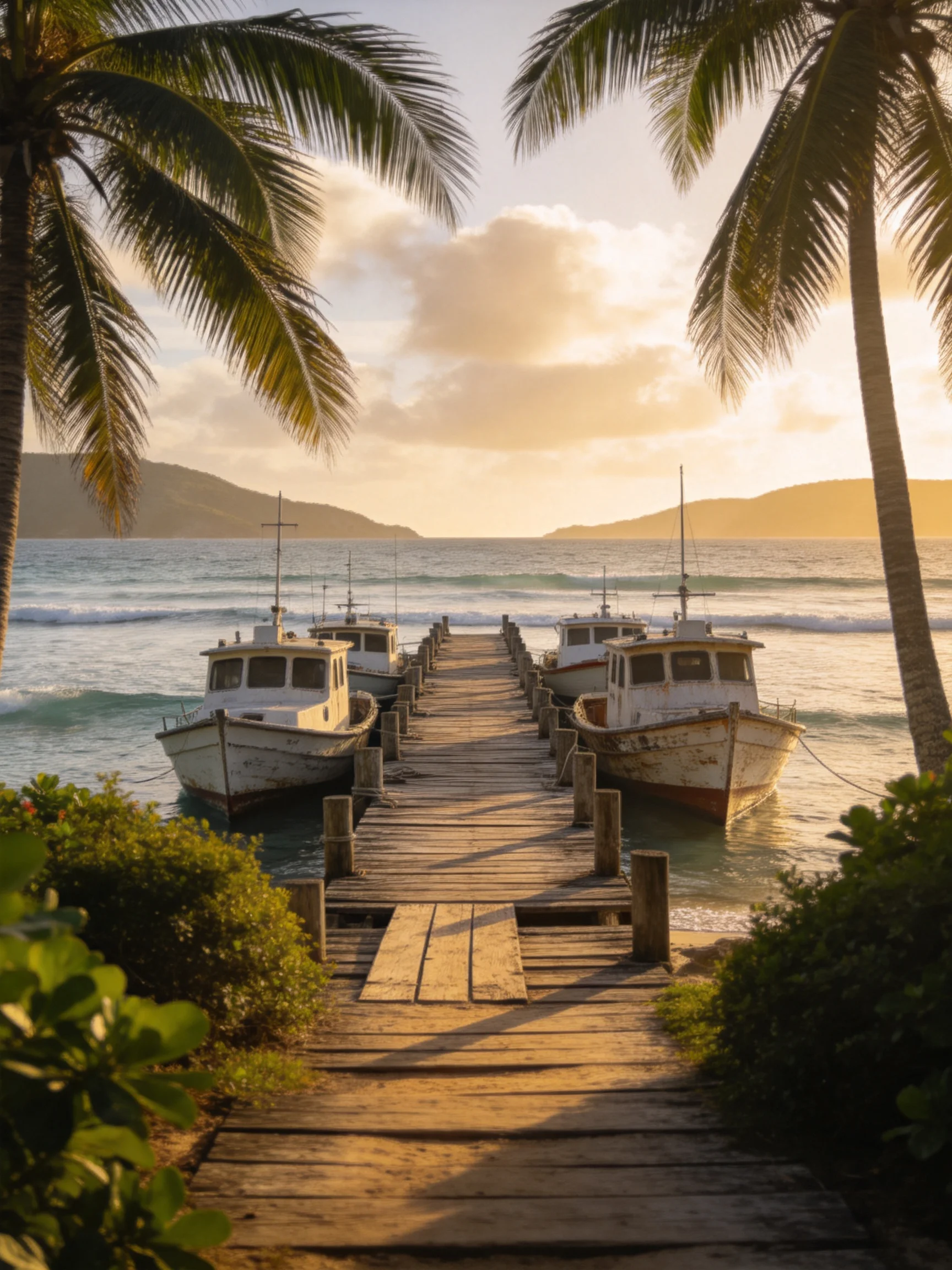 Weathered boats dock at a wooden pier near palm trees