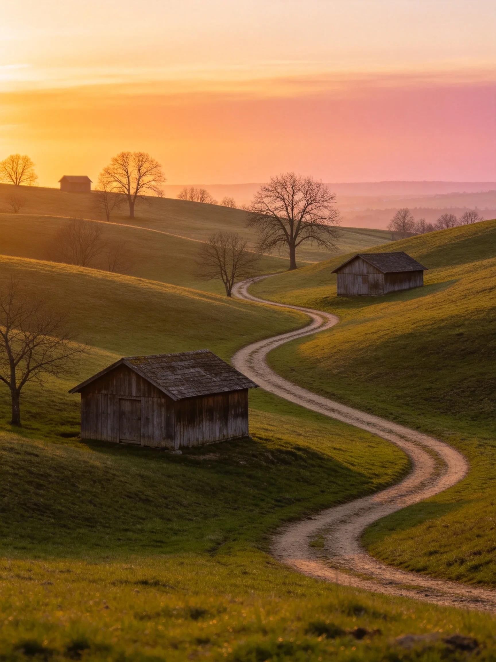 Weathered cabins dot rolling green hills with a winding dirt path at sunset